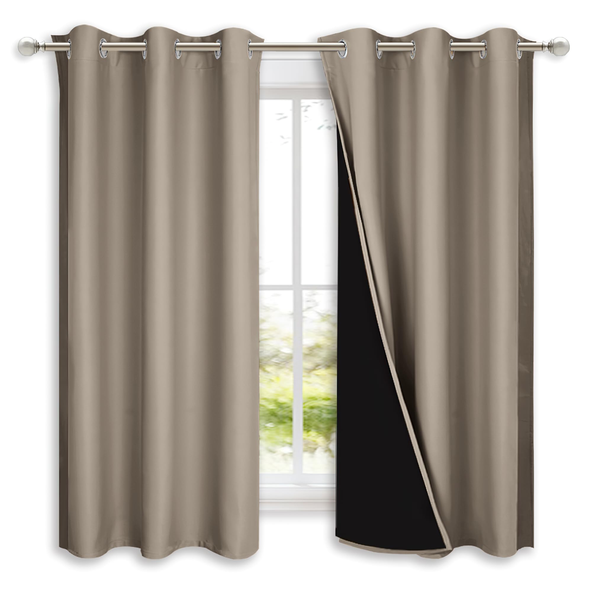 NICETOWN 100% Blackout Curtains with Black Liners, Solid Thermal Insulated Full Blackout 2-Layer Lined Drapes, Energy Efficiency Window Draperies for Bedroom (2 Panels, 42" W by 63" L, Taupe)
