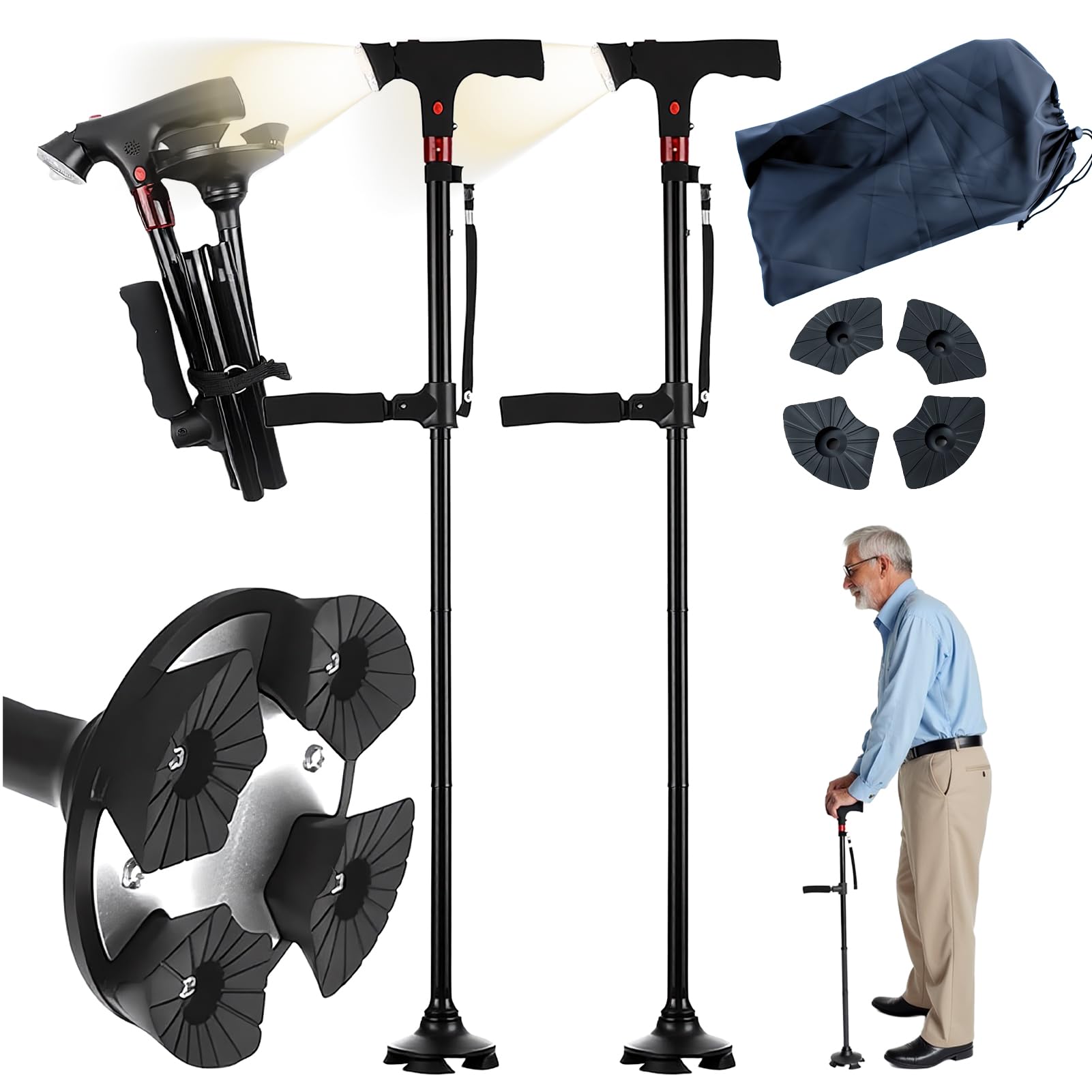 Cane Hero Walking Cane – Foldable Adjustable Smart Cane with LED Light & Alarm, Four-Leg Base, Double Handles, Includes Storage Bag & Anti-Slip Tip