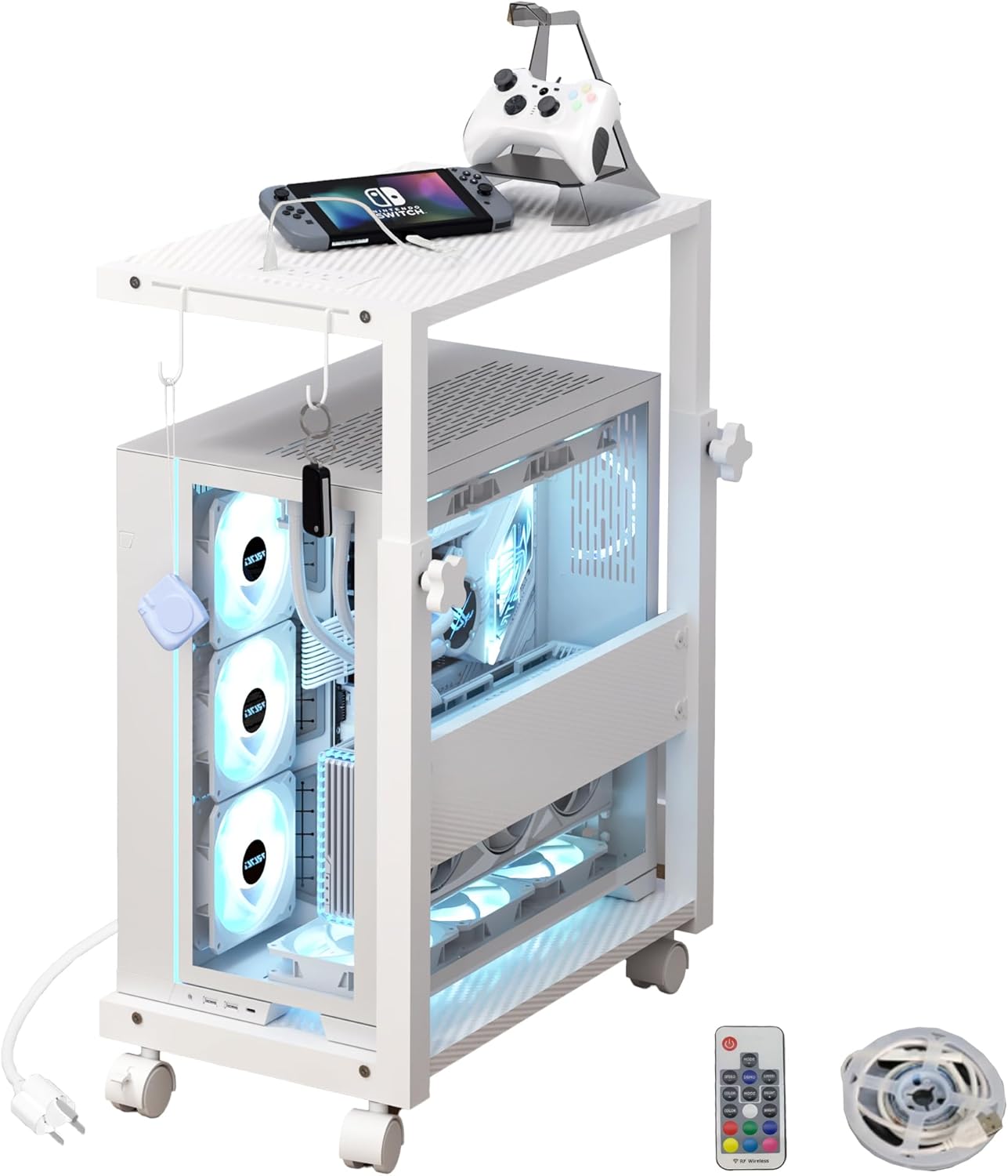 Computer Tower Stand with LED Light Strip,Mobile Rolling CPU Holder,Height Adjustable PC Tower Stand with Charging Station for Office Home (White)