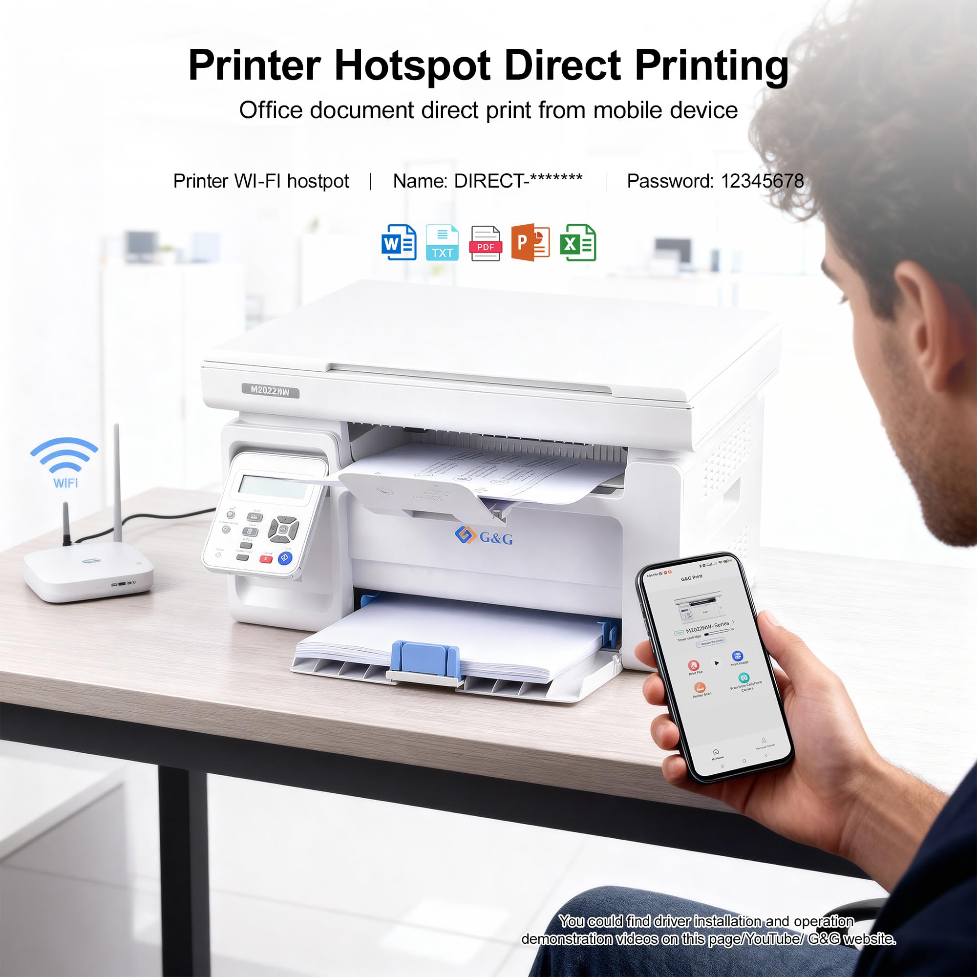 G&G M2022NW Stampante Laser bianco e nero Multifunzione Wifi, Stampanti Laser con Scanner Toner in offerta per Ufficio e Casa(22-23 Ppm)