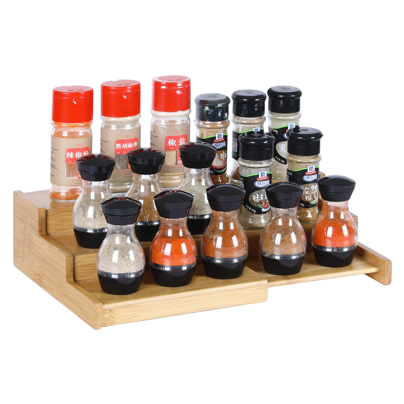 YCOCO 3 Tier Expandable Cabinet Spice Rack Organizer,8.75~15.5 Inch,and Pantry Bamboo Step Rack forJars,Seasonings and Spice Bottles, Baking Supplies