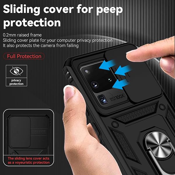 Jiyu Funda Compatible con Samsung Galaxy S20 Ultra 5G Carcasă Armor Militar Cubierta de Cámara Deslizante Proteger Fundas con 360 Full Protección Anillo Soporte Silicona Estuche Cover Case,Negro - 3