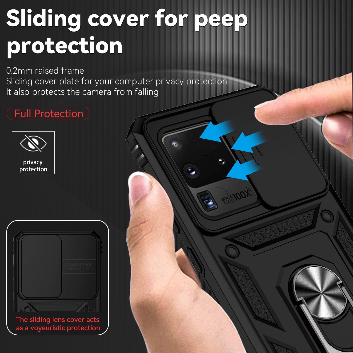Jiyu Funda Compatible con Samsung Galaxy S20 Ultra 5G Carcasă Armor Militar Cubierta de Cámara Deslizante Proteger Fundas con 360 Full Protección Anillo Soporte Silicona Estuche Cover Case,Negro — view 3