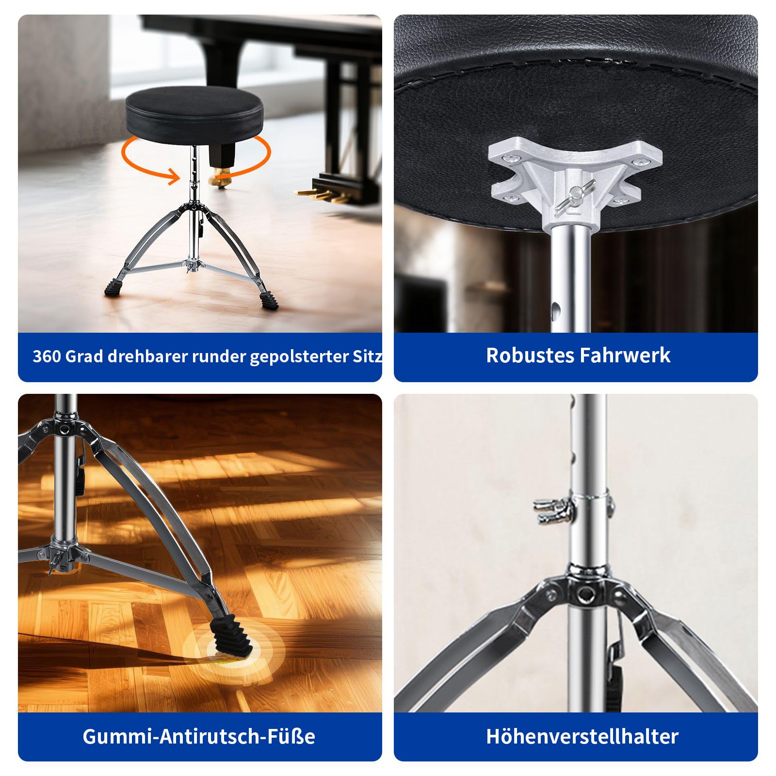 Drum Throne Heavy Duty - 40-58cm Höhenverstellbar, gepolsterter Drummer Hocker, doppelt verstärkte Anti-Rutsch Füße, 360° drehbar für Kind und Anfänger