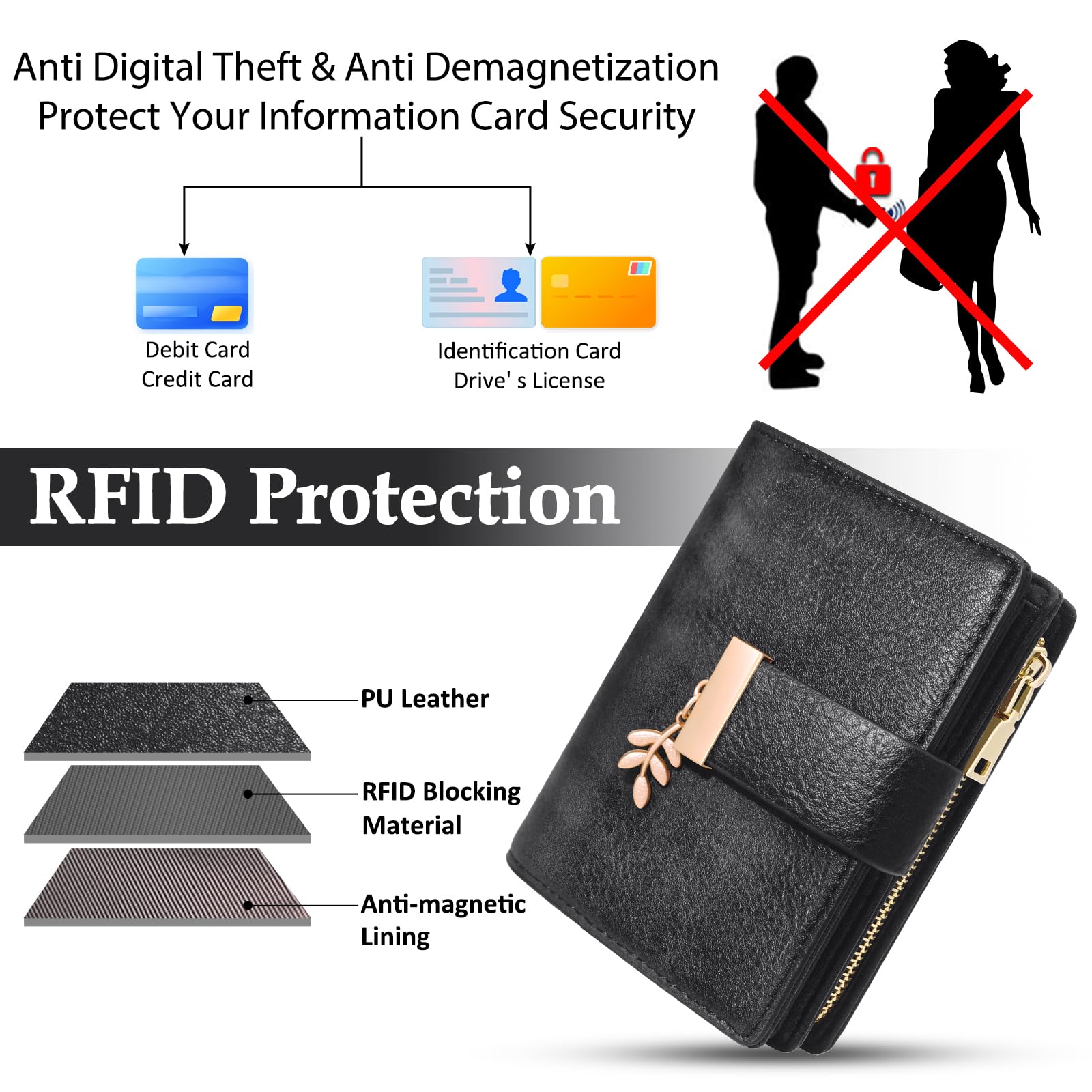 REETEE Portafoglio Donna Piccolo in Pelle PU, Portafogli Corto con Protezione RFID, Portafoglio da Donna con Cerniera Portamonete e 19 Scomparti per Carte (nero)