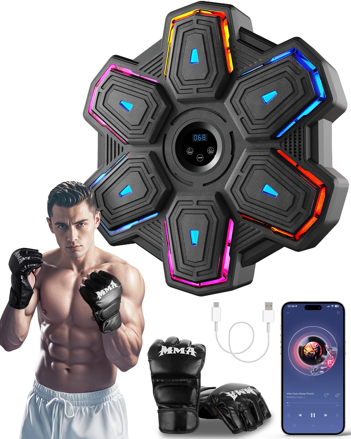 Music Boxing Machine, Cloudlike Weiche Ziele, 10 Geschwindigkeit und 9 Modi mit Boxhandschuh, LED-Licht mit Smart Bluetooth für Erwachsene und Kinder Übung