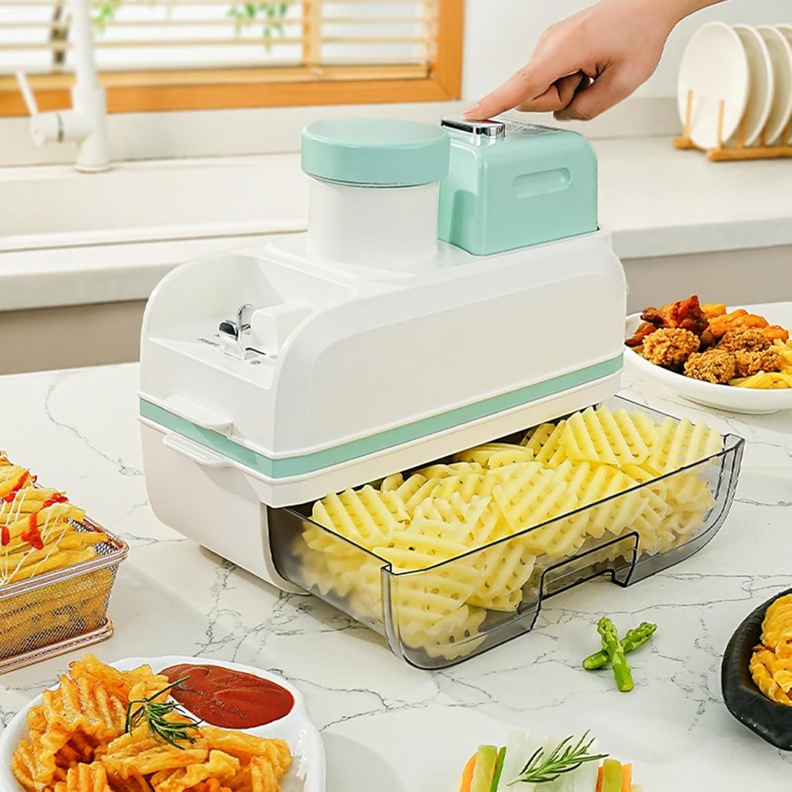 ZHJOPP 220v Electric Vegetable Chopper,Multifunctional Shredder with 4 Cutting Tools and Container for Dicing, Slicing,and Julienning