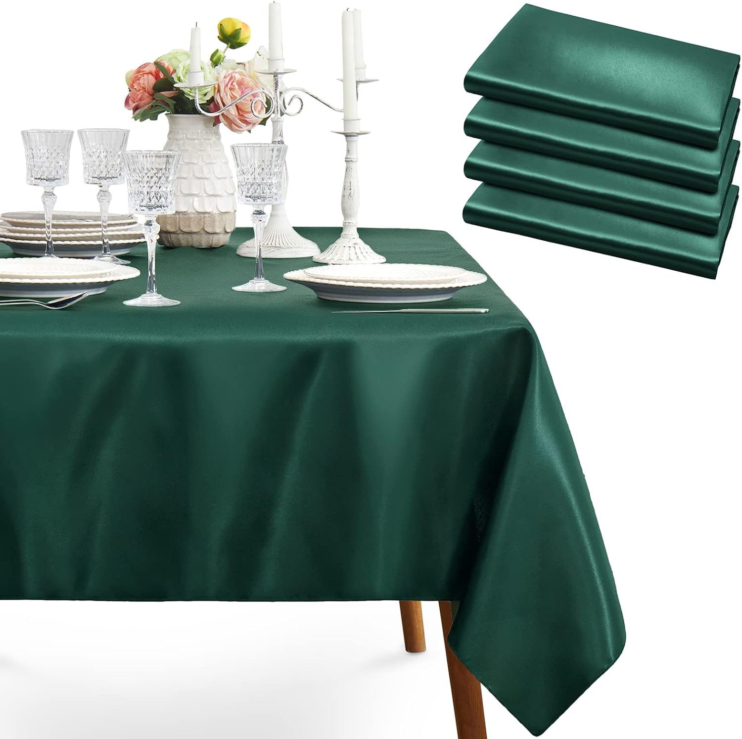 4 Pack Dark Green Satin Tablecloth, 58 x 102 Inches Polyester Tablecloth Rectangular Tablecloth Wrinkle Resistant Table Cloth Dining Table Cover Smooth Fabric Tablecloth Holiday Tablecloth