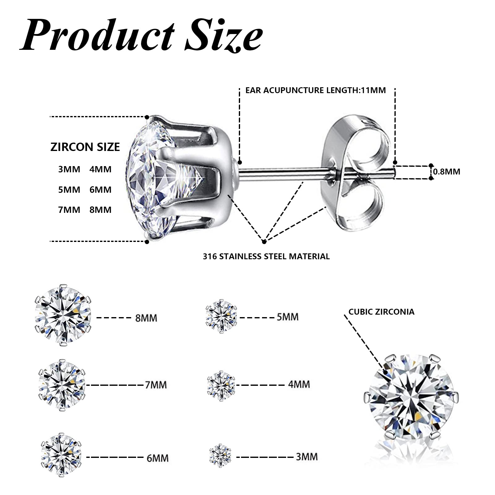 6 Paia Orecchini Uomo Diamante Donna con Zirconia Cubica, Anallergici in Acciaio Chirurgico al Titanio, Brillantini 3 - 8 mm, Bianco