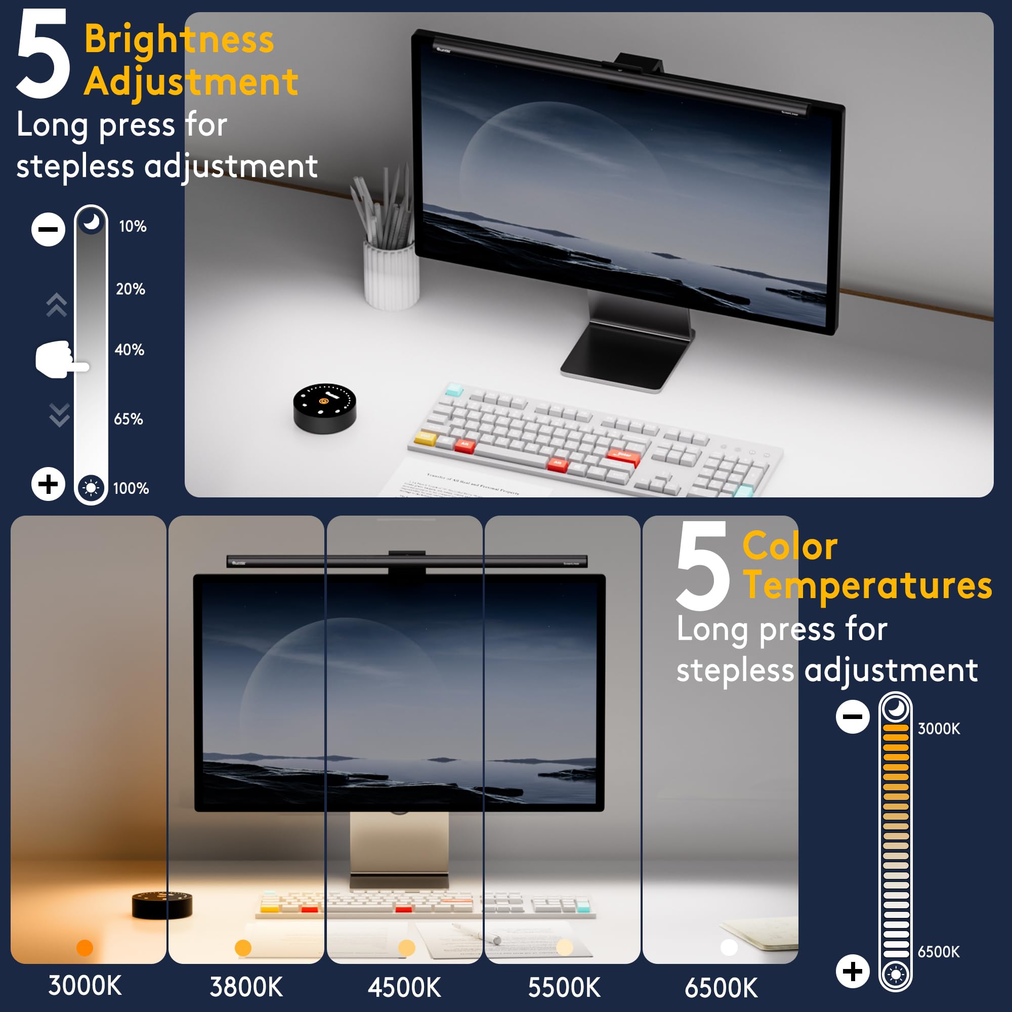 Quntis Lampka do monitora z czujnikiem radarowym i automatycznym ściemnianiem, automatyczne włączanie/wyłączanie i wyłącznik czasowy, 52 cm lampka do monitora z pilotem