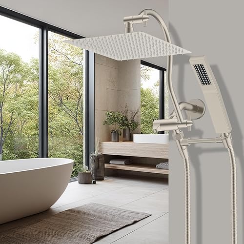 Vista 118 de Hibbent Cabezal de ducha de metal, cabezal de ducha de alta presión de 10 pulgadas, combo de cabezal de ducha, varita de ducha de mano, brazo