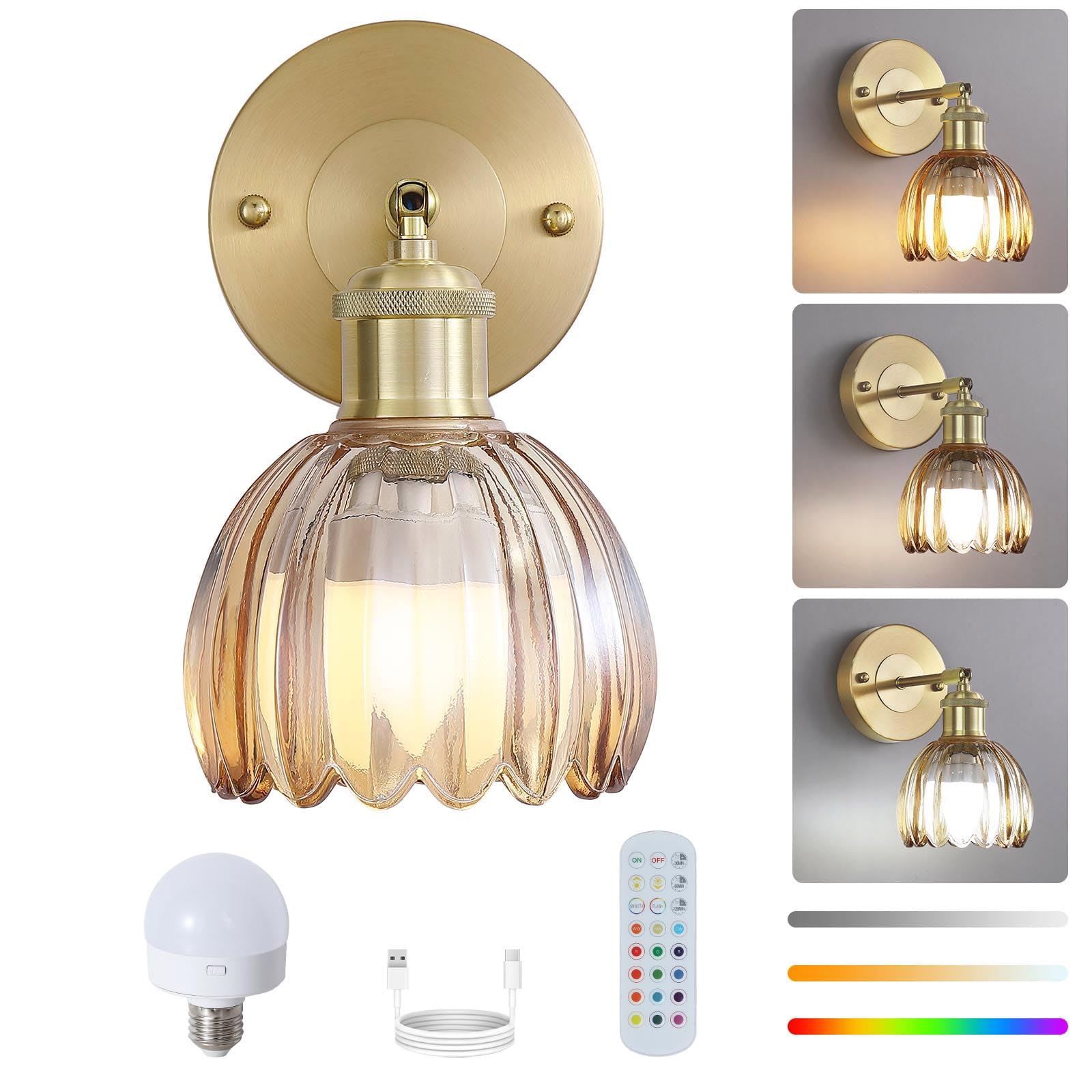 Photo 1 of Vintage Battery Operated Wireless Wall Sconces, Rechargeable Gold Wall Lights?Amber Tulip Glass Lampshade With Remote Dimmable Wall Lighting Indoor, Led Wall Lamp Fixtures For Bedroom, Living Room