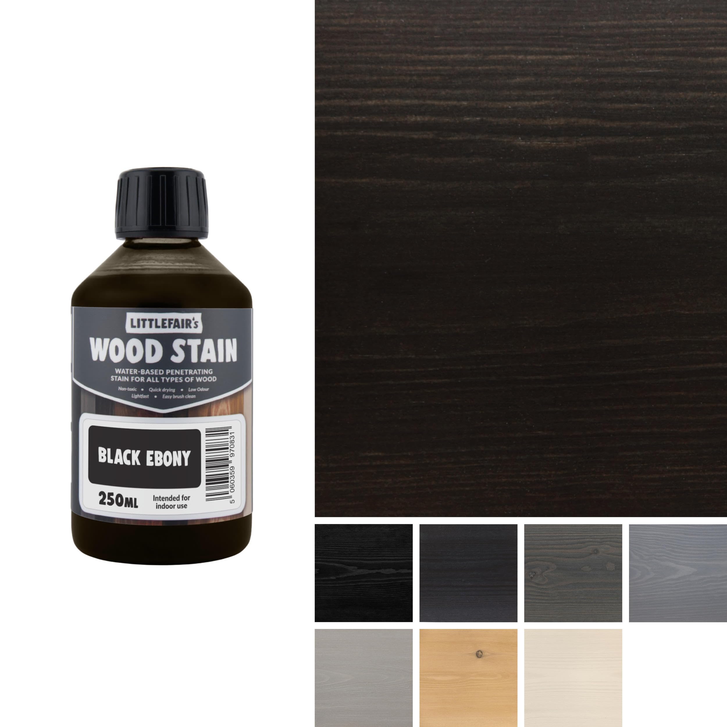 Littlefair's Wood Stain Water-Based - (Black Ebony) – Non-Toxic, Eco-Friendly & Quick Drying - Easy-to-Apply, Concentrated Formula for All Wood Types – 250ml