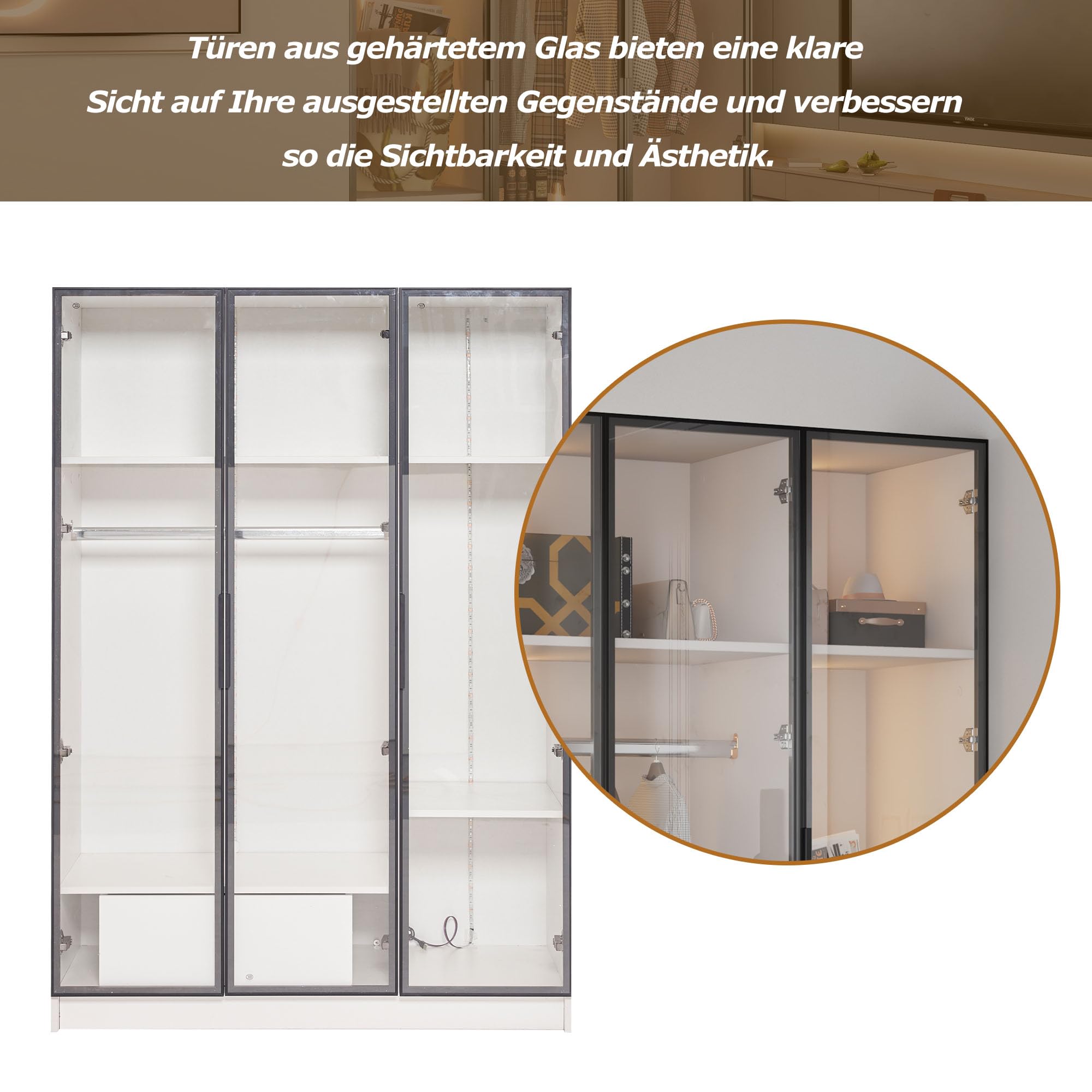 Merax Kleiderschrank 3-türig mit viel Stauraum, weißer Garderobenschrank mit LED, 3 Glastüren, 1 Schublade und 1 Kleiderstange, Vielseitiger Drehtürenschrank für Schlafzimmer, 110x160x50cm (B/H/T)