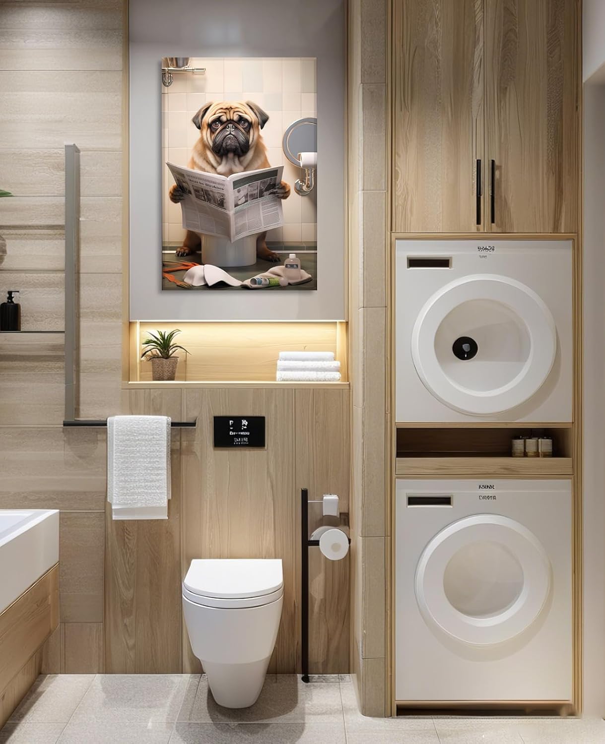 Condition photo showing New/Like New for bathroom wall art canvas prints dog sitting on toilet reading the newspaper picture funny pug painting modern artwork for home decor framed(art-2,16.00"x24.00") 24"l x 16"w e - pug on toilet