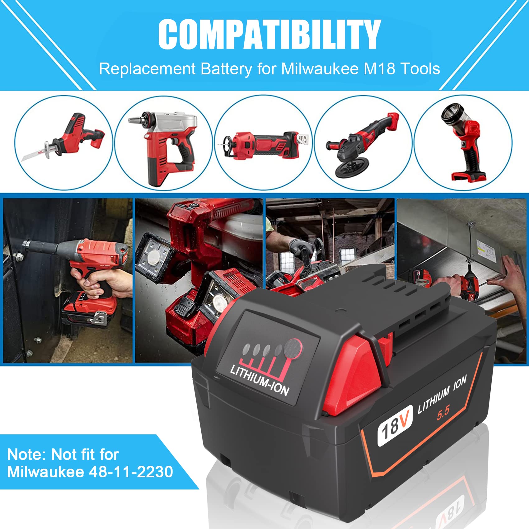 ASUNCELL Lot de 2 batteries Li-ion 5500 mAh pour Milwaukee, 18 V, pour Milwaukee M18, compatible avec Milwaukee M18B XC 48-11-1815 48-11-1820 48-11-1850 2601 2610 2611 26220 Numéro de référence : 0
