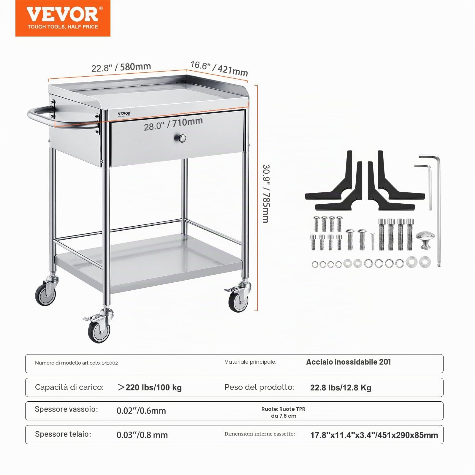 VEVOR Carrello da Laboratorio in Acciaio Inox 2 Ripiani 100kg 710 x 421 x 785 mm