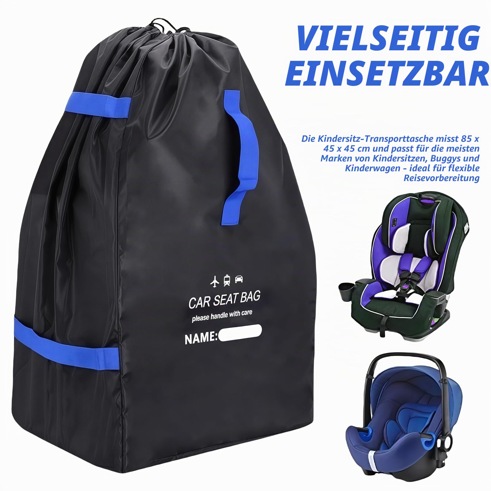 Transporttasche Kindersitz, Gate Check Reisetasche für Flugreisen, Kindersitz Transporttasche, Transportable Reisetasche, für Kinderwagen, Buggy Kindersitz - 85 x 45 x 45 cm - Schwarz + Blau