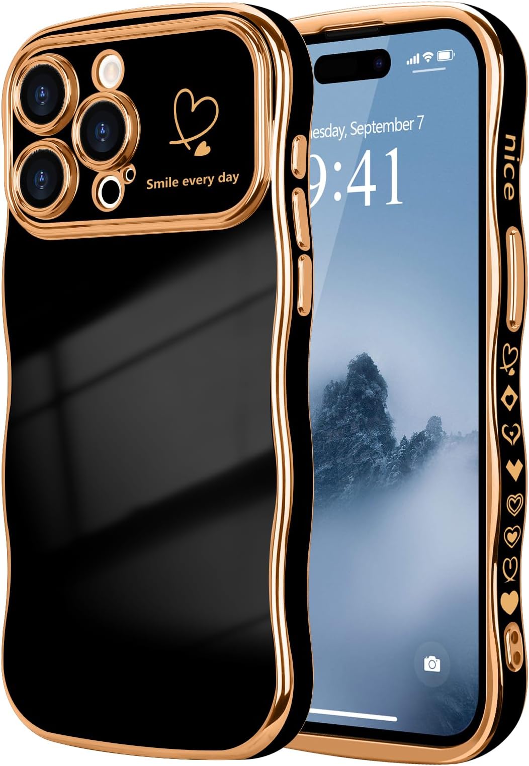 LCHULLE for iPhone 14 Pro Case for Women Girls, Cute Wave Frame Curly Shape with Love Heart Pattern Raised Camera Protection Cover Luxury Plating Shockproof Phone Case for iPhone 14 Pro, Black