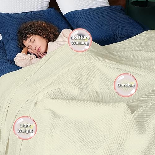 Miniatura 5 de Manta de tejido de punto gofre, tamaño Queen, 100% algodón Tencel, suave, ligera y transpirable, perfecta para personas que duermen con calor, manta