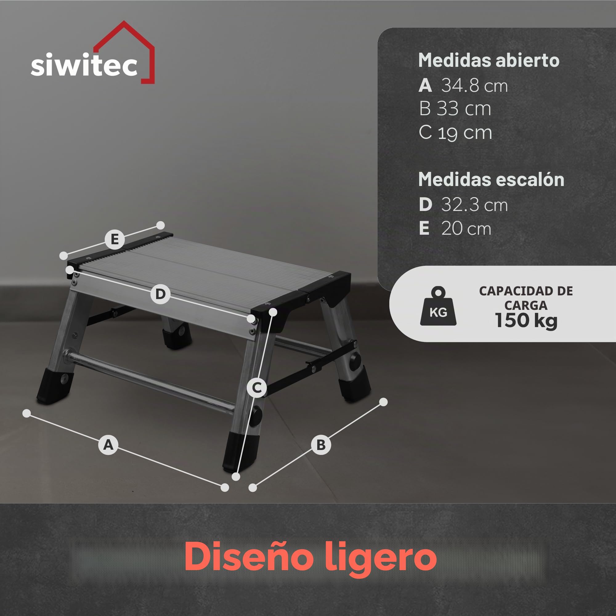 Siwitec Escalera de 1 escalón, taburete de aluminio resistente hasta 150 kg, plataforma plegable para camping, cocina y baño, certificado TÜV