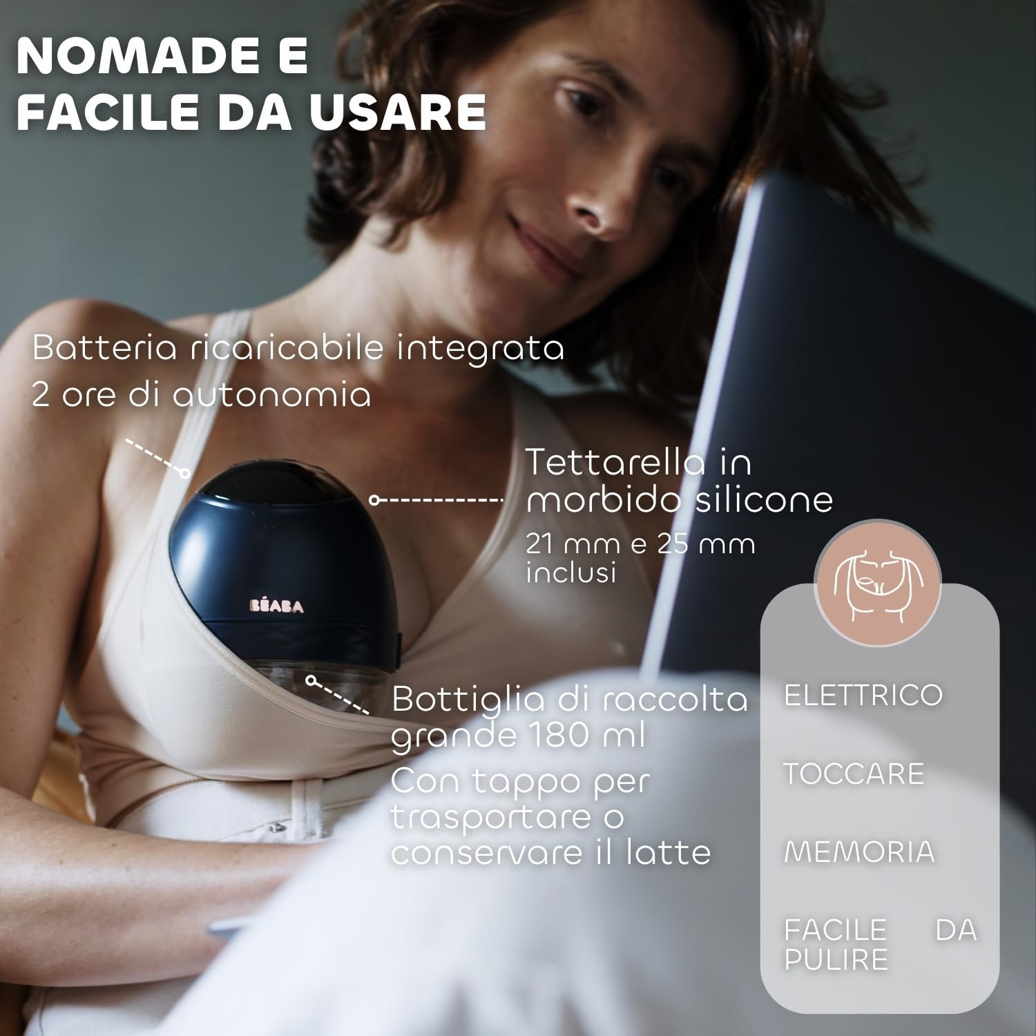 BÉABA, Tiralatte elettrico a mani libere, leggero, compatto, 3 modalità, 9 livelli, 0 onde, silenzioso, grande capacità 180 ml, timer, funzione memoria, 6 sessioni, ricarica USB C, blu notte