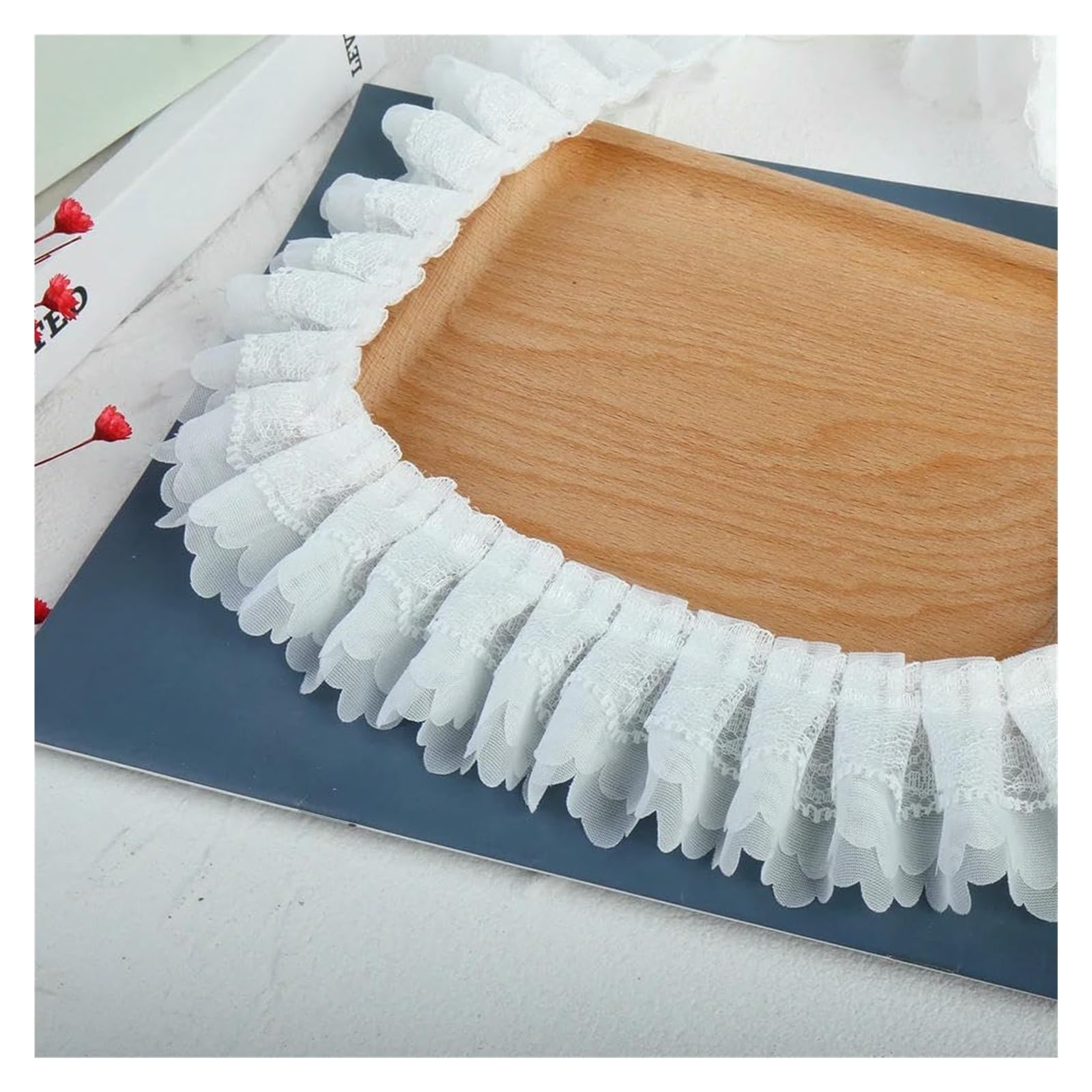 Szycie koronkowych wykończeń, Potargane plisowane koronkowe wykończenia, szyfonowa organza, 3-warstwowa spódnica/materiał pościelowy(4yards)