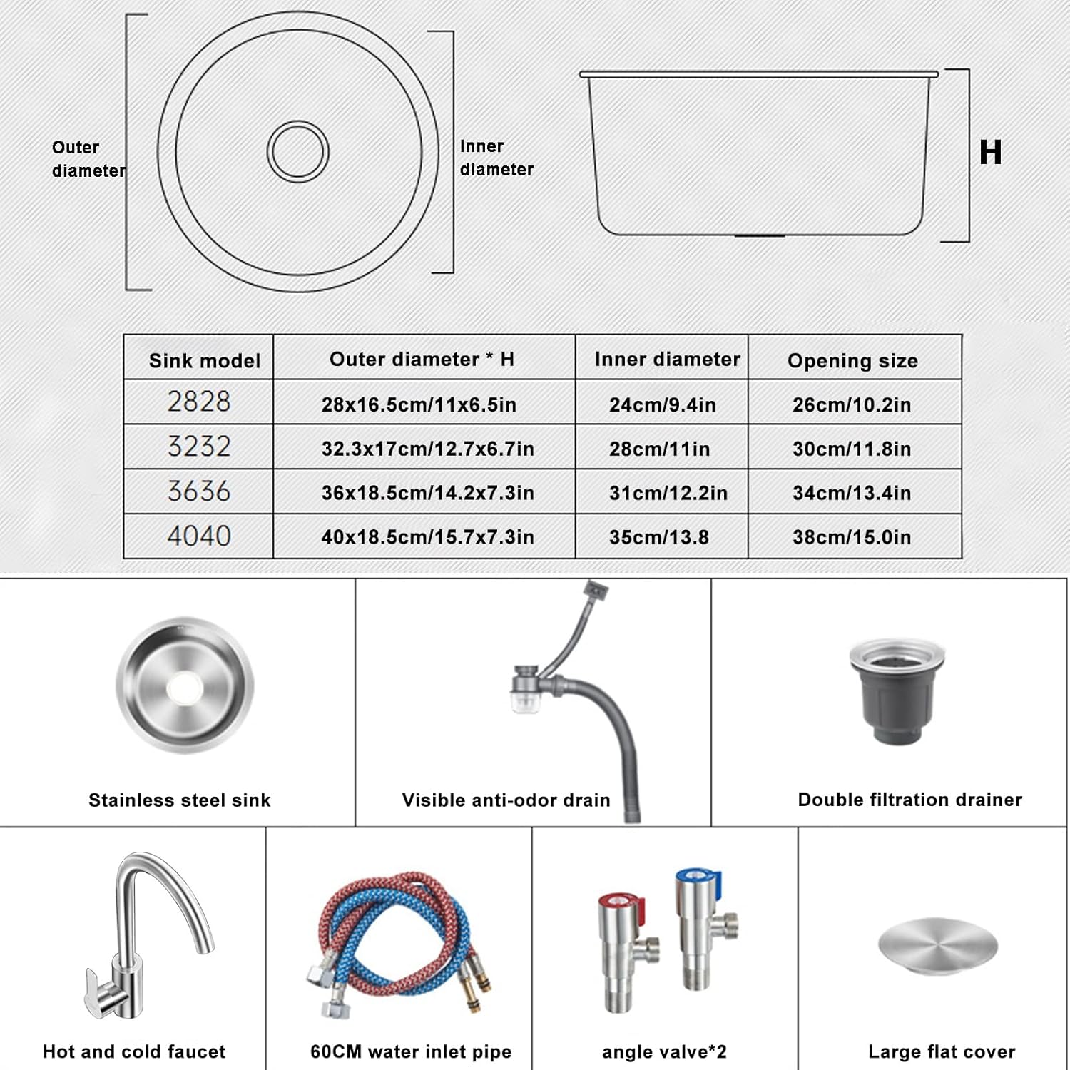 Silver Stainless Steel Sink Kitchen Round Sink Bar Sink Studio Sink Silver Faucet Coffee Corner Sink Complete Accessories/Silver/40Cm