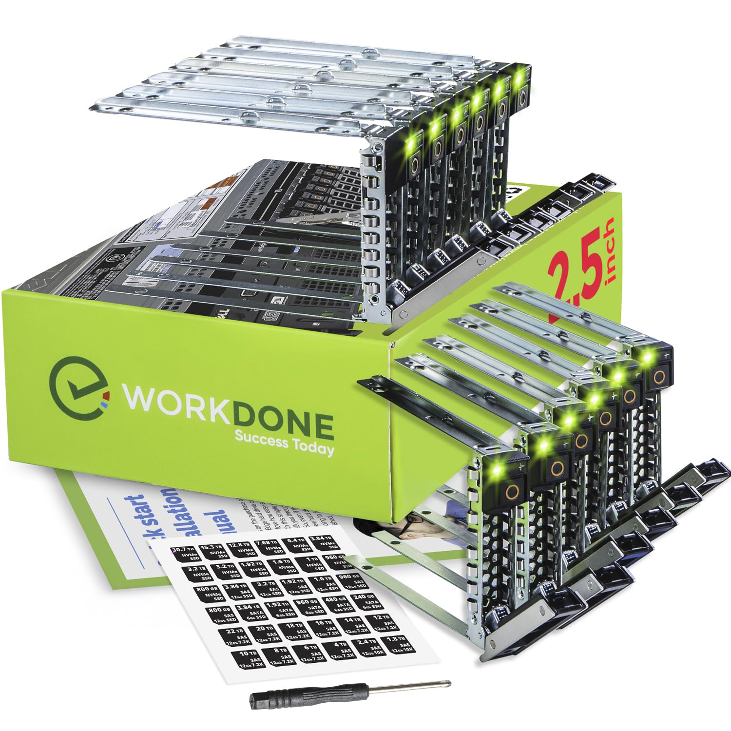 WORKDONE 12-Pack 2.5" Drive Caddy - Compatible for Dell PowerEdge Servers - 14th Gen R440 R640 R740 R740xd R840 R940 R6415 R750xs XE8545 XC - Sticker Labels - Bright LED Tray - Setup Manual