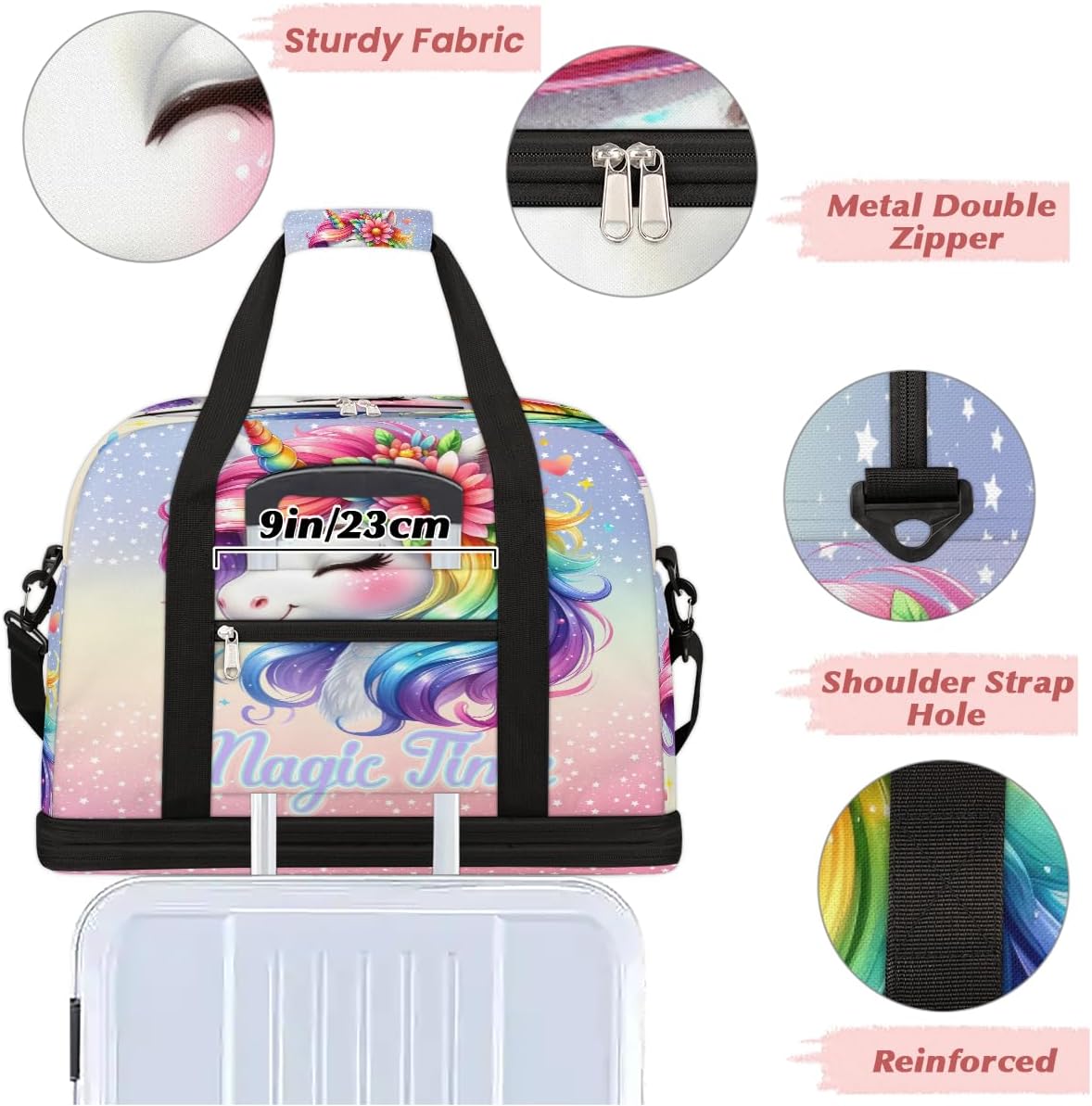 Unicorn Rainbow Animal Cute Large Weekender Overnight Bags Travel Duffel Bag for Women Men Girl Gym Bag With Shoe Compartment Foldie Travel Tote Bag Carry On Personal Item Bag for Travel Gym Sports