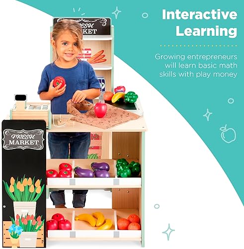 Miniatura 3 de Best Choice Products Juego de juguetes de supermercado de madera para niños con comida de juego, pizarra, caja registradora, transportador de