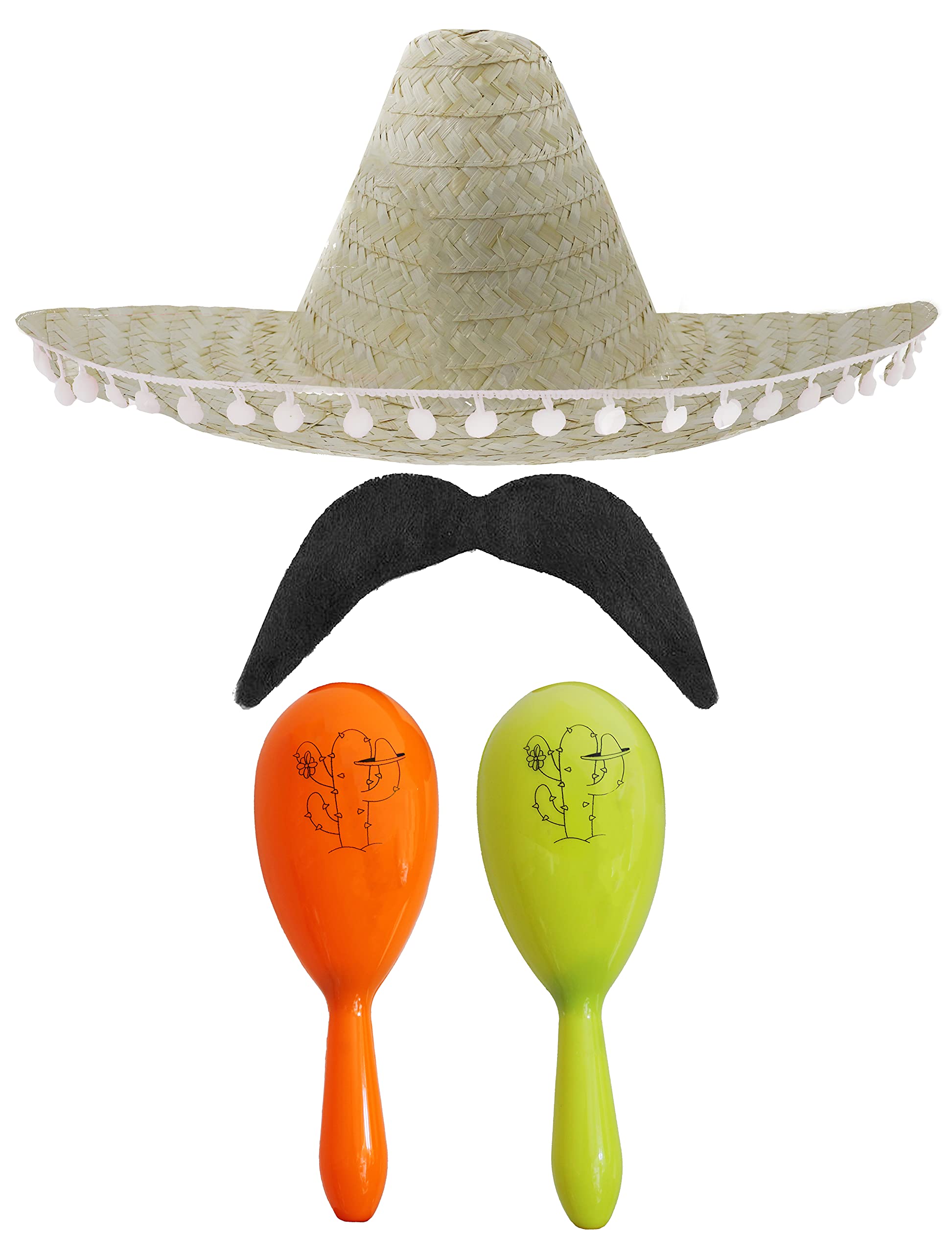Adults Mexican Accessory Set - Natural Mexican Sombrero, Green & Yellow Maracas, Moustache - Mexican Cinco de Mayo Sensorita Bandit Mariachi Fancy Dress Costume Accessory Set