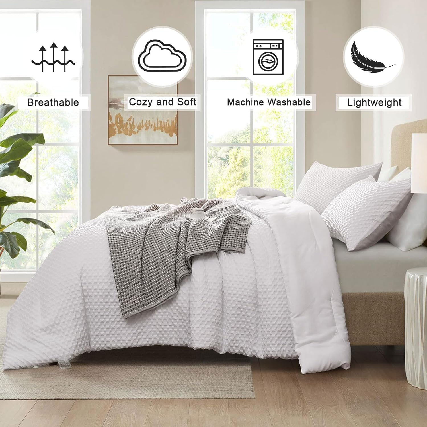 Yiran 3 Pieces Queen White Weave Comforter Set Waffle Seersucker Checkered Comforter with 2 Pillowcases Soft Microfiber Puckering Bedding Set 90"x90" - Image 4