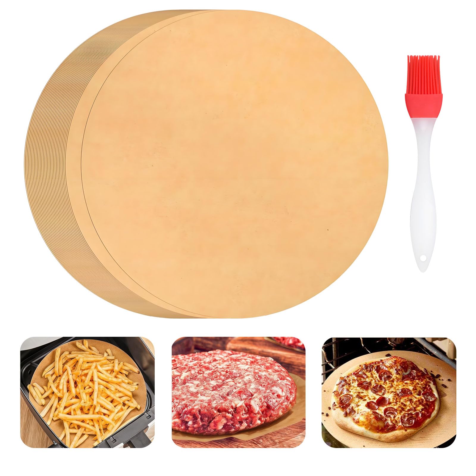 100 sztuk okrągłych papierów do pieczenia, 32 cm, z silikonowym pędzlem do pieczenia, nieprzywierający papier do pieczenia, odporny na wysokie temperatury, papier do grilla, do patelni, piekarnika