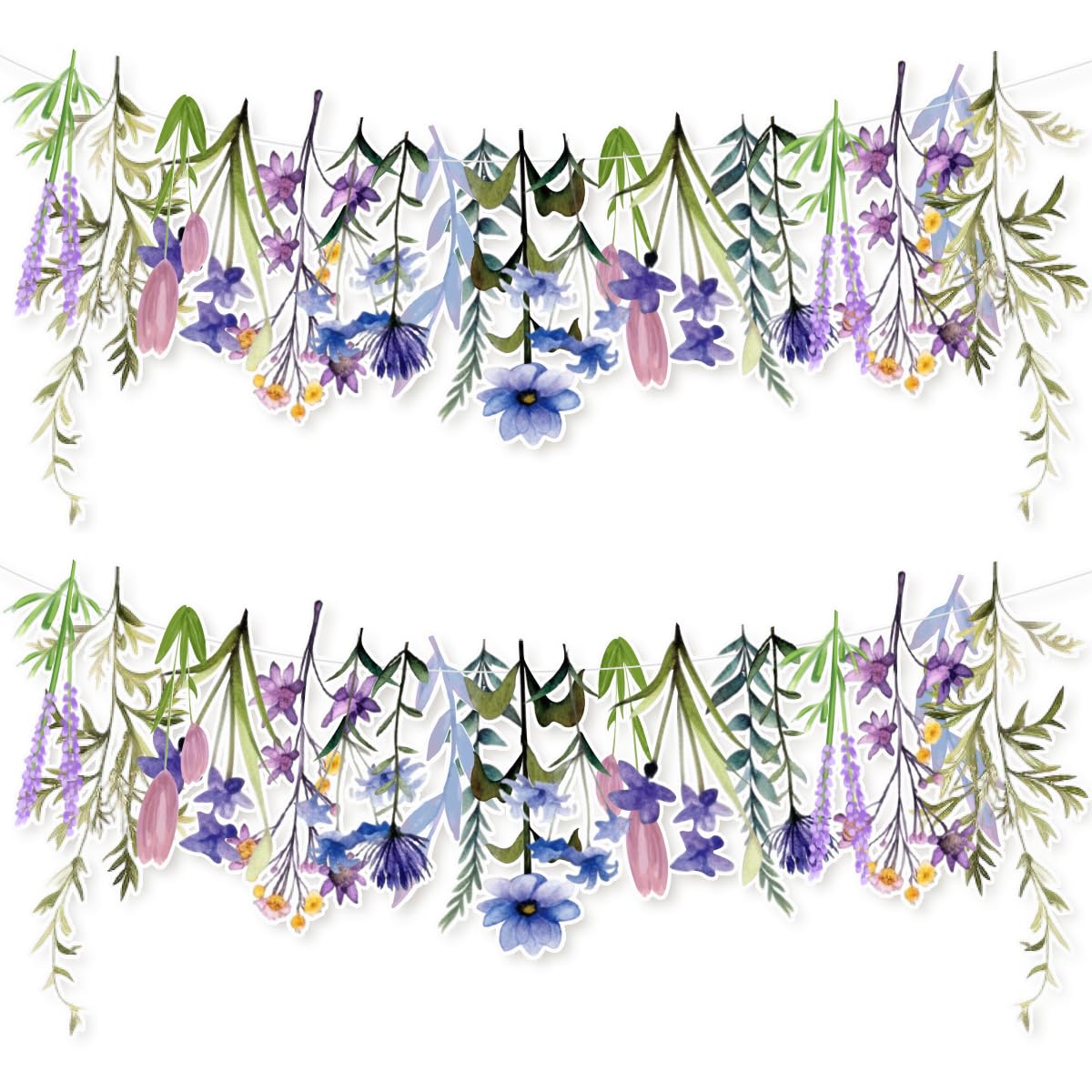 Reusable Floral Garland Banner - 2 Pack Adjustable Length Watercolor Purple Flowers Party Decor for Birthday Anniversary Home Decoration