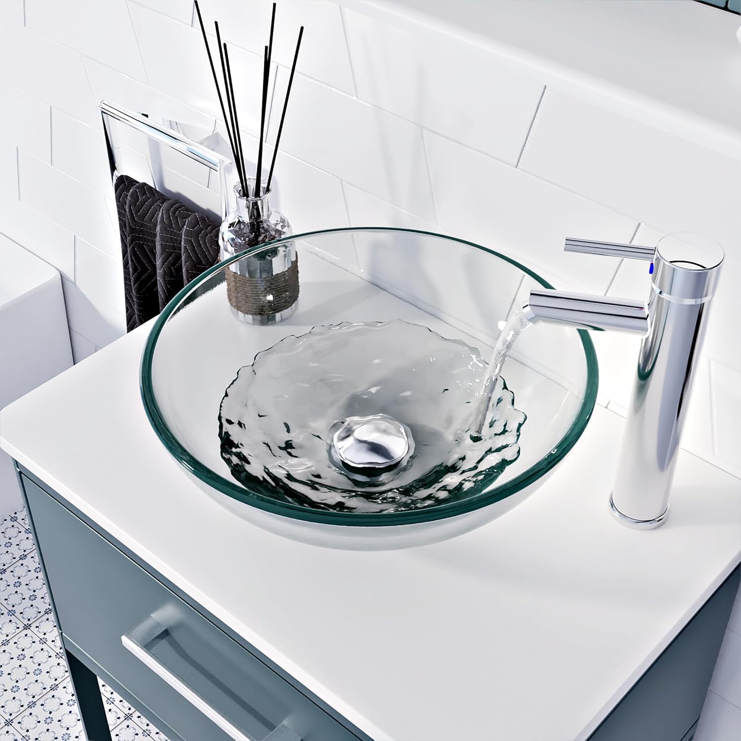 BELOFAY Modern Glass Design Bathroom Counter Top Wash Basin Sink, Glass Bowl Cloakroom Basin for Vanity Cabinet, Toilets and Bathrooms (42x14x42cm (WxHxL) — image 1