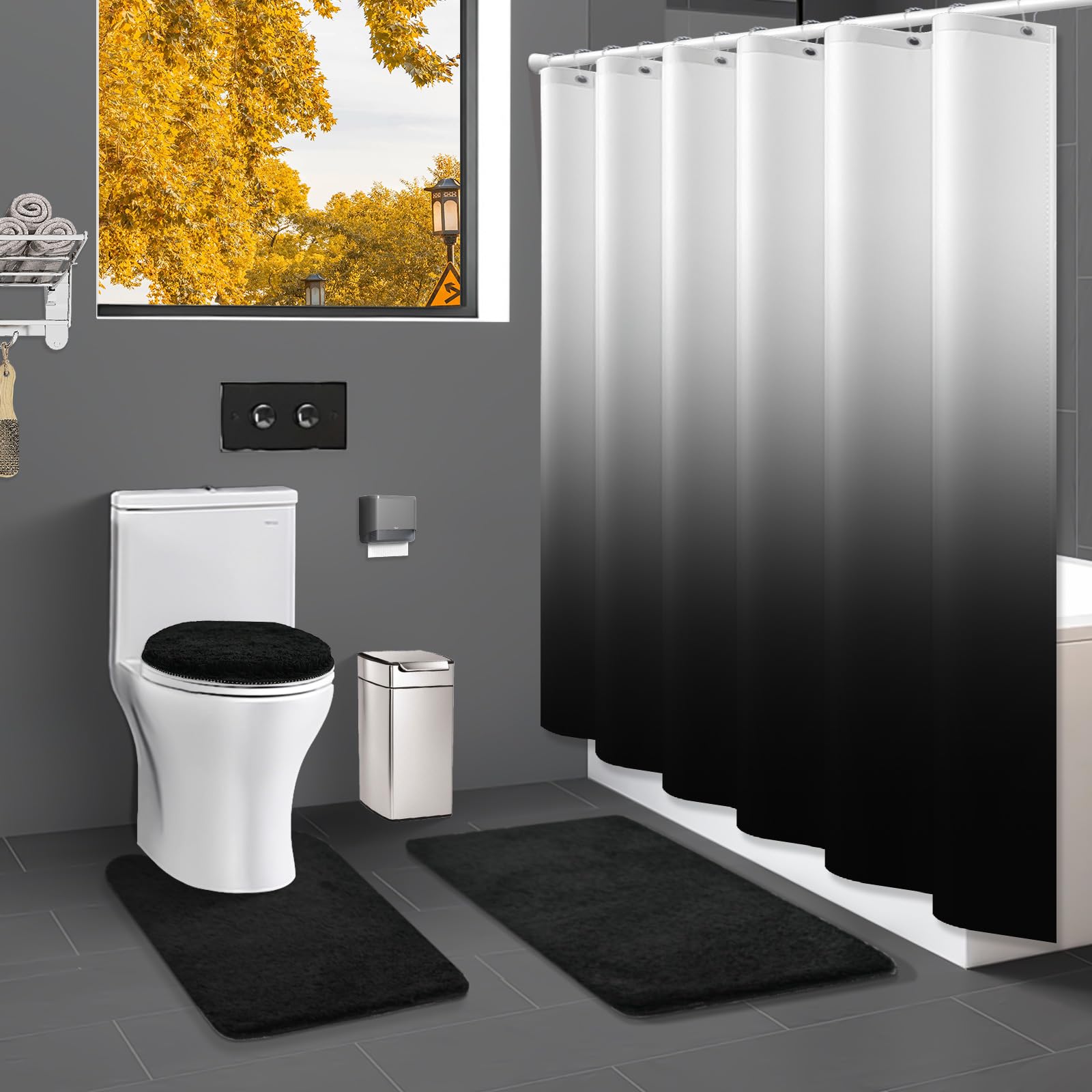 Schwarzes Badezimmer-Set mit Duschvorhang und Teppichen und rutschfesten U-förmigen WC-Vorhängen Set 4-teilig für moderne Luxus-Badezimmer-Dekoration