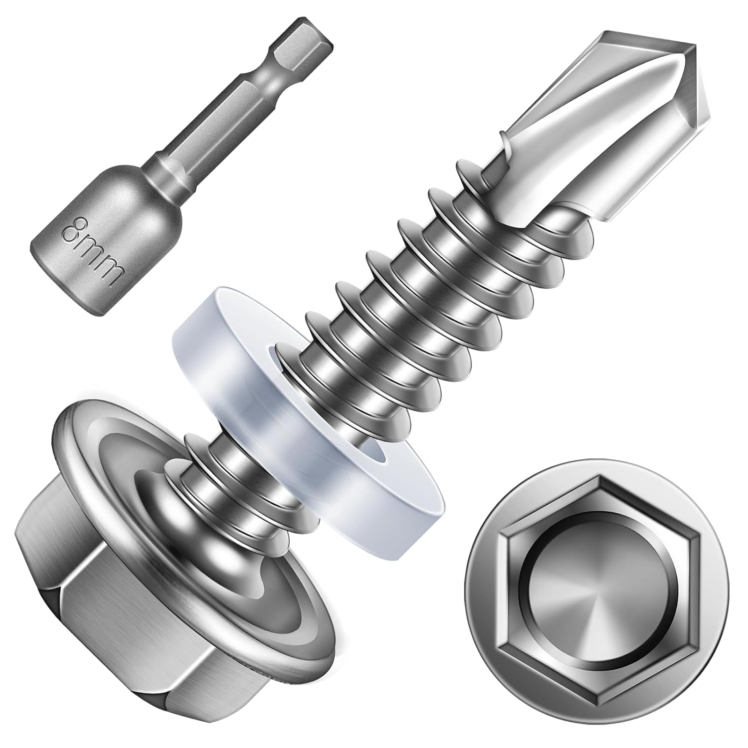 Mywish 650pcs #12×3/4" Self Tapping Screws for Metal, 410 Stainless Steel Self Tapping Tek Screws, Hex Washer Head Self Drilling Screws, High-Strength Hex Head Self Tapping Screws