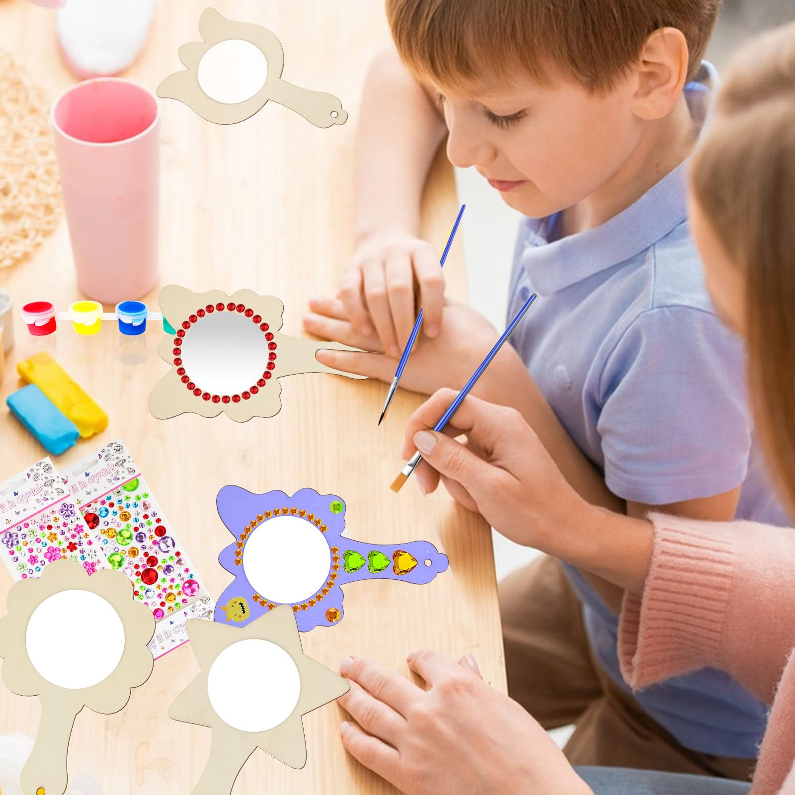 Annickee Specchio in Legno Fai da Te, 12 Pezzi Coniglio Specchio a Mano Incompiuto con Casella di Colore, DIY Specchio per Bambini-6 Forme, Kit Lavoretti Creativi per Festa Compleanni di Bambini