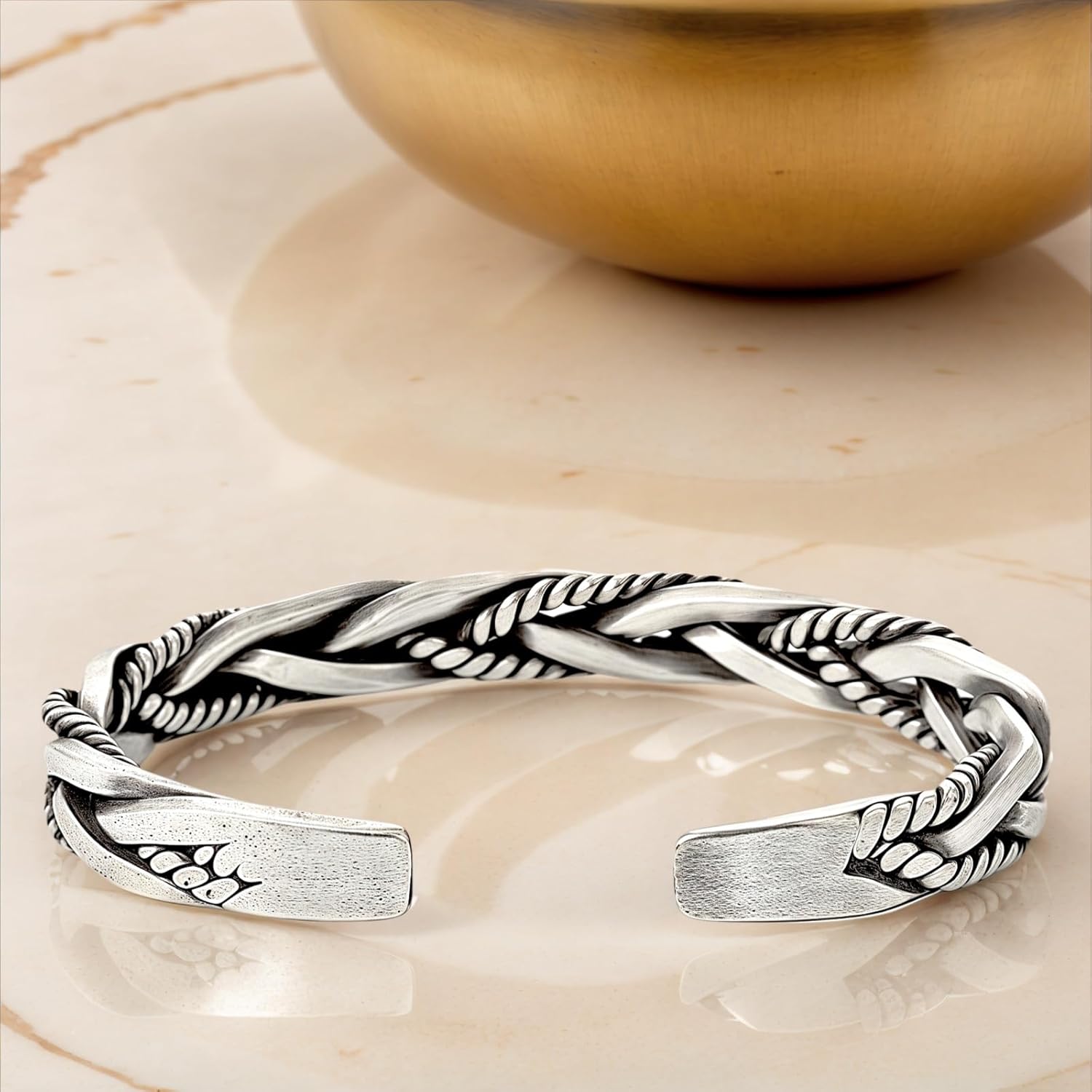 Mens Silver Cuff Bracelet - Adjustable Bangle with Vintage Twisted Design - Image 6