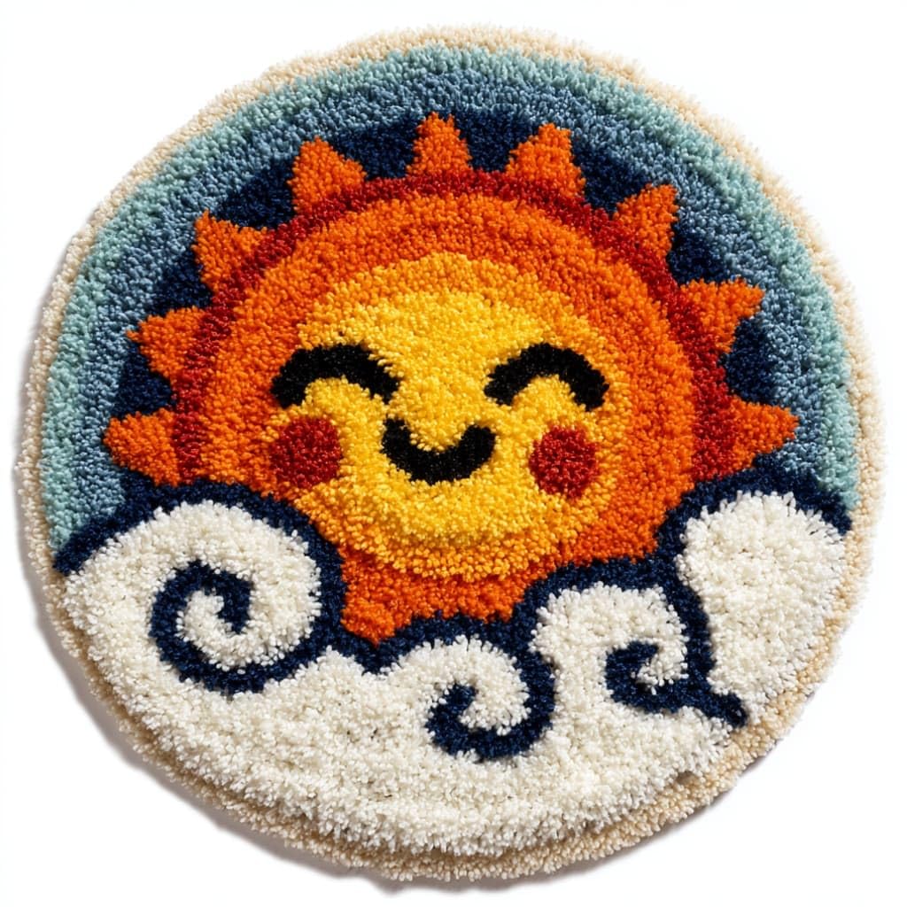 kitphoenix Round Shape Latch Hook Kits Rug Smiling Sun DIY Cushion Rug Carpet Making Crochet Hook Kits Preprinted Pattern Canvas Cushion Yarn Hooking Kits Mat Kits 50X50Cm