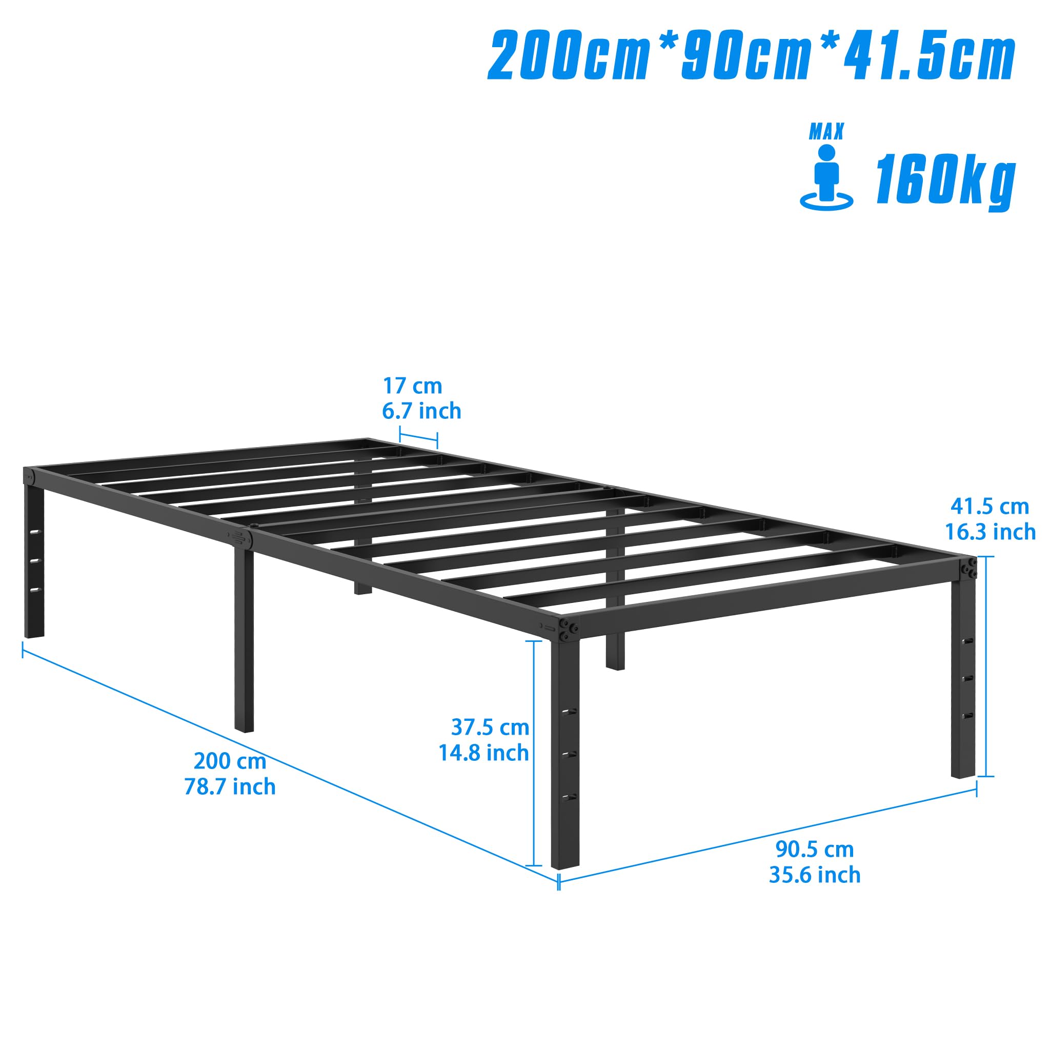 LZQ Cadre de lit en métal 90 x 200 x 41,5 cm - Cadre de lit pliable pour chambre à coucher, chambre d'amis, grand espace de rangement