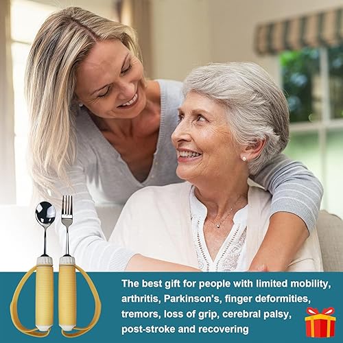 Miniatura 6 de Juego de cucharas y tenedores adaptativos con peso, asas antideslizantes y correa de goma, para temblores de manos y debilidad muscular, artritis,