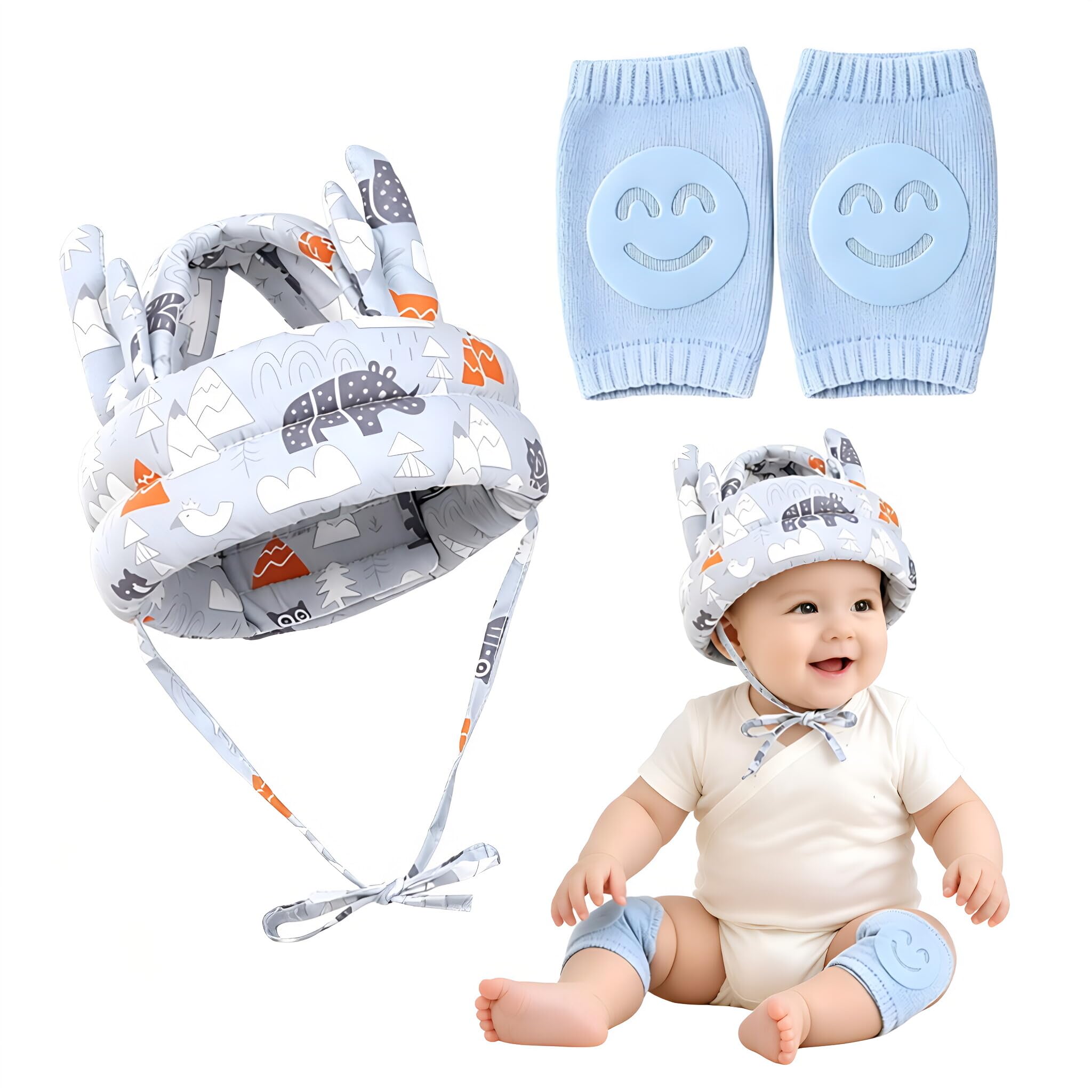 3PCS Baby Head Protector, Head Protection for Baby, Baby Helmet, Baby Knee Pads Set, Soft Lightweight Breathable Anti Collision Gear for Infant Crawling Learning Walking Indoor Daily Activity (Blue)