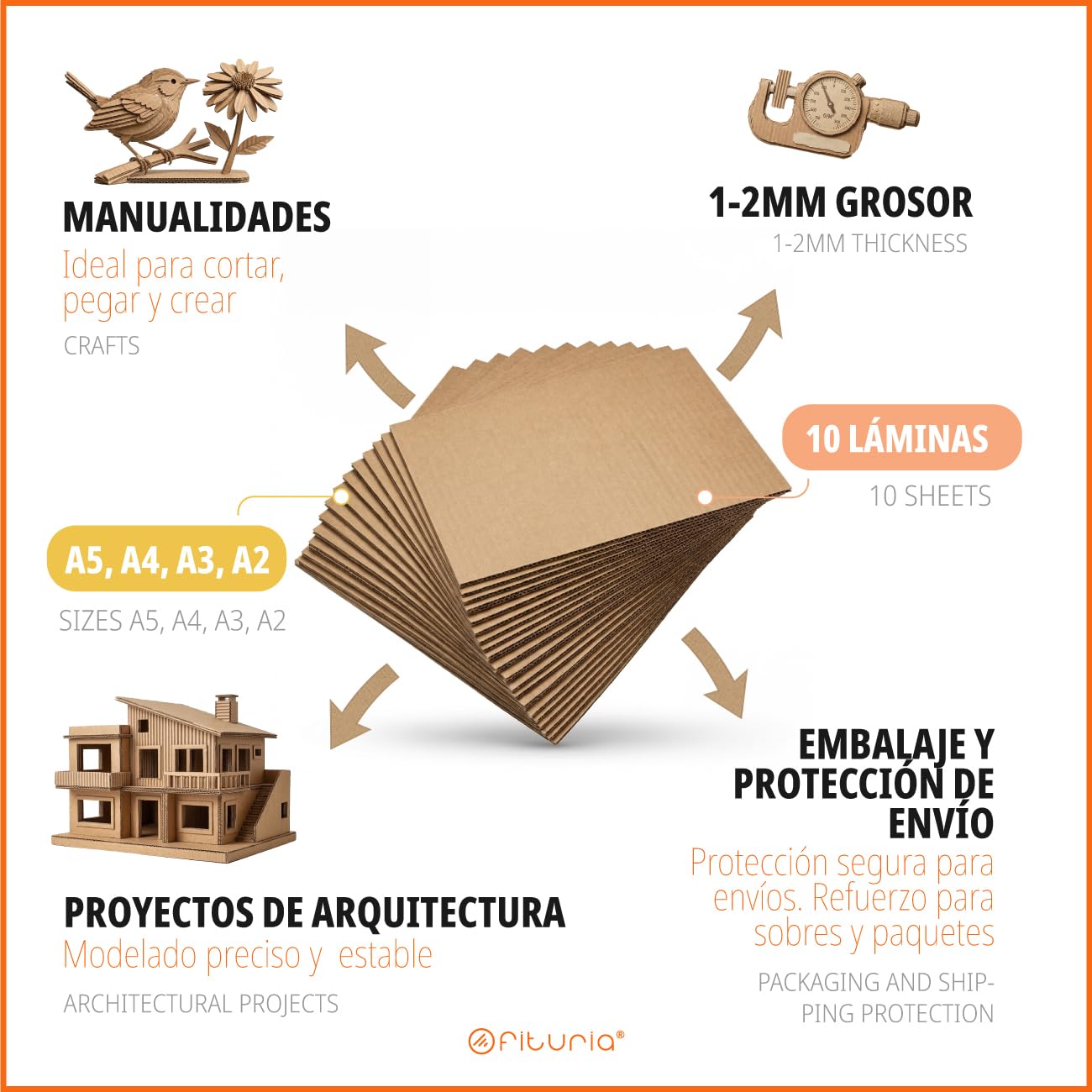 Feuilles de Carton Rigide, Carton pour Loisirs Créatifs et Projets d’Architecture, Emballage et Protection des Envois, Épaisseur 1-2 mm, Format A2 (420 x 594 mm), Lot de 10 - Ofituria (A2, 10f)