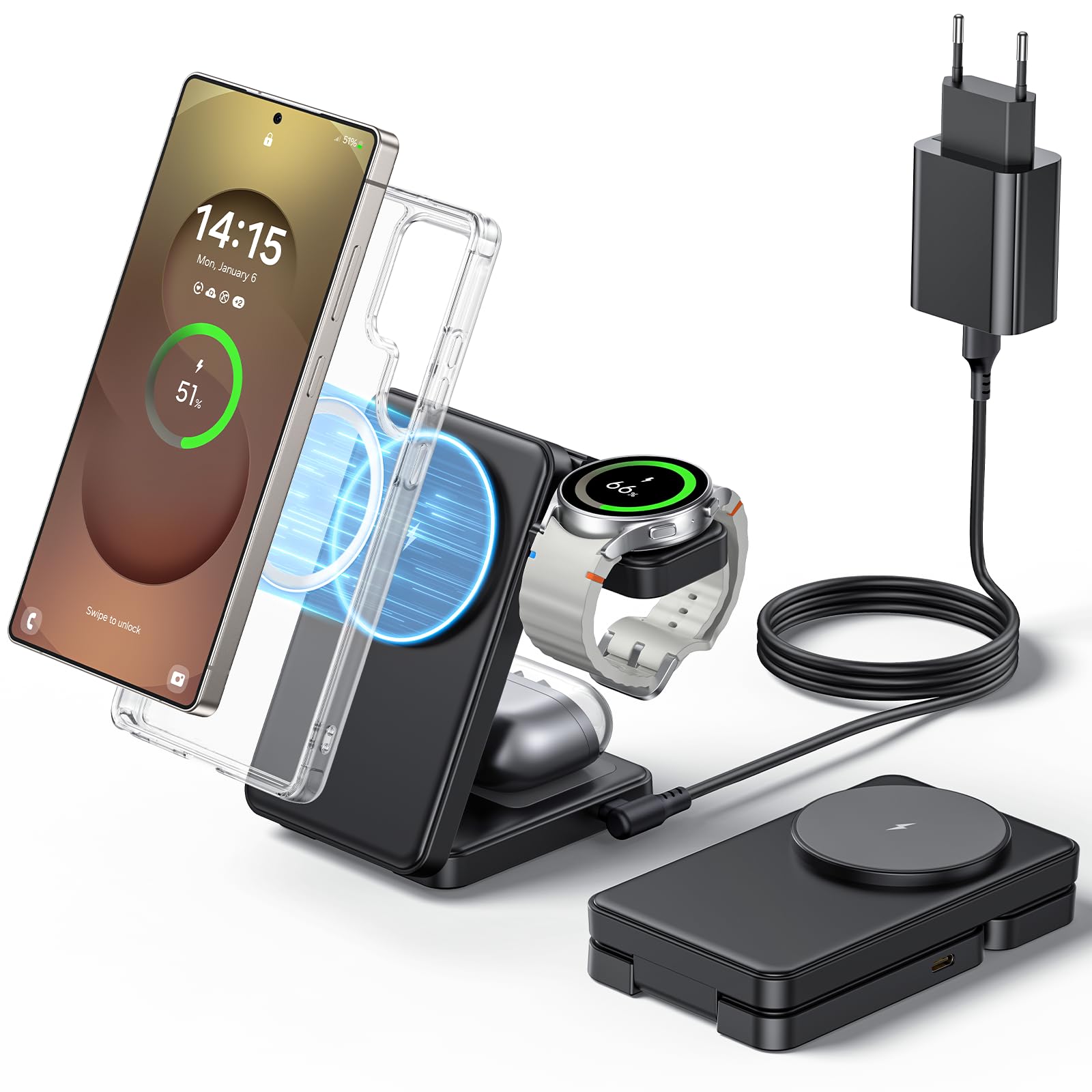 Station de charge inductive magnétique pliable 3 en 1 pour Samsung Galaxy S26 S25 S24 S23 Ultra/Z Fold/Flip 7/6/5, Galaxy Watch Ultra 8/7/6/5/Pro, Galaxy Buds/Pro