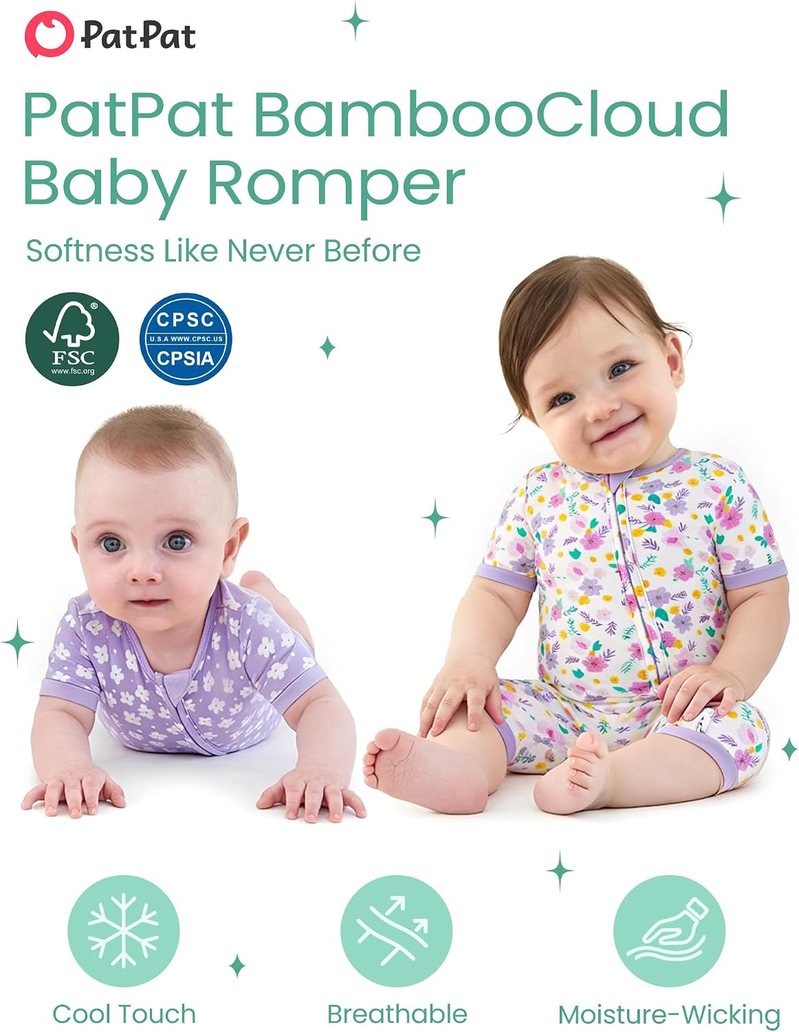 PATPAT Baby Romper 2-Pack with Bamboo Viscose, Infant Snug fit Pajama Jumpsuits with 2-Way Zipper for Newborn Boy Girl