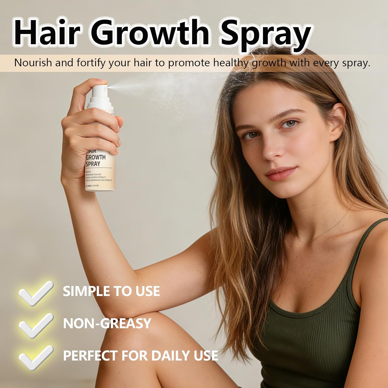 Hair Growth Spray, Fast-Absorbing & Non-Greasy with Rosemary Oil and Biotin, Helps Prevent Hair Loss & Thinning for Healthier Scalp, 60ml