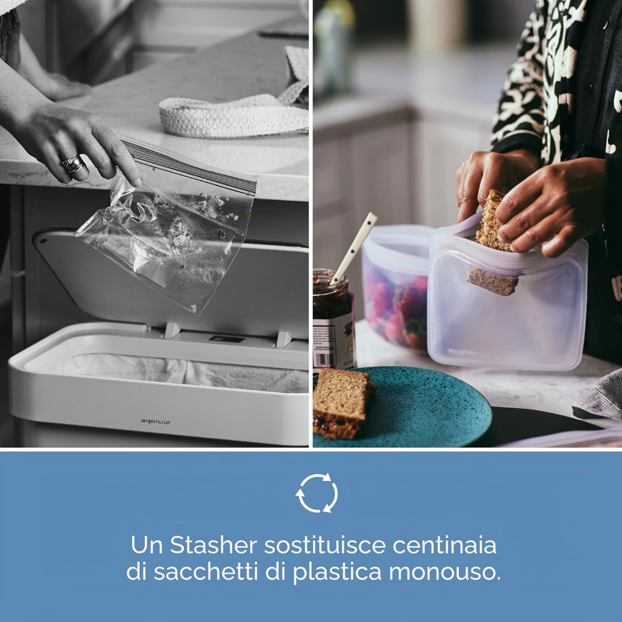 Stasher Sacchetti riutilizzabili in silicone, confezione da 6 pezzi, sacchetti riutilizzabili per congelatore, microonde, lavastoviglie, forno, sous vide, contenitori per il pranzo, ecologici, borsa
