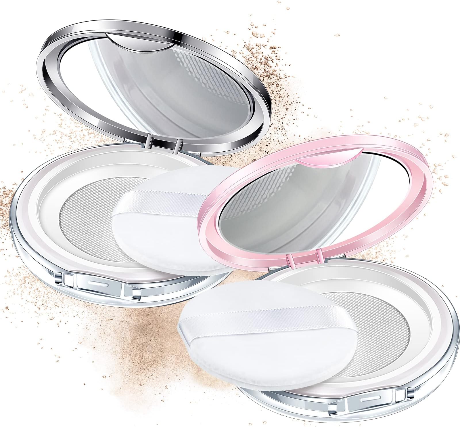 2 Pcs Loose Powder Container with Puff 0.17/0.7 oz Reusable Plastic Portable DIY Makeup Empty Powder Case with Mirror and Net Sifter(Pink, Silver)
